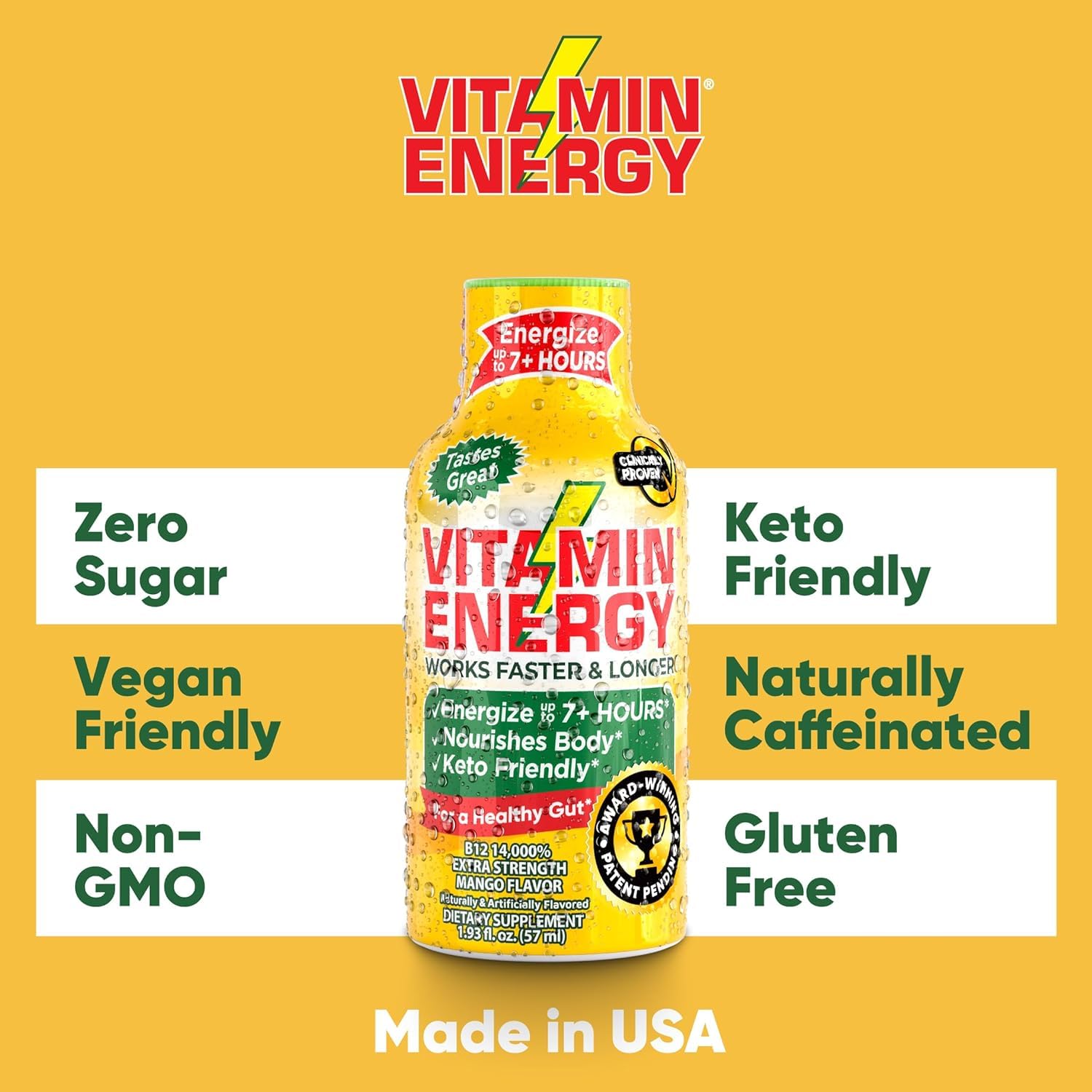 Mango Vitamin B12 Energy Shots - Natural Focus Drink, Sugar-Free, Energize 7+ Hours - Pack of 12