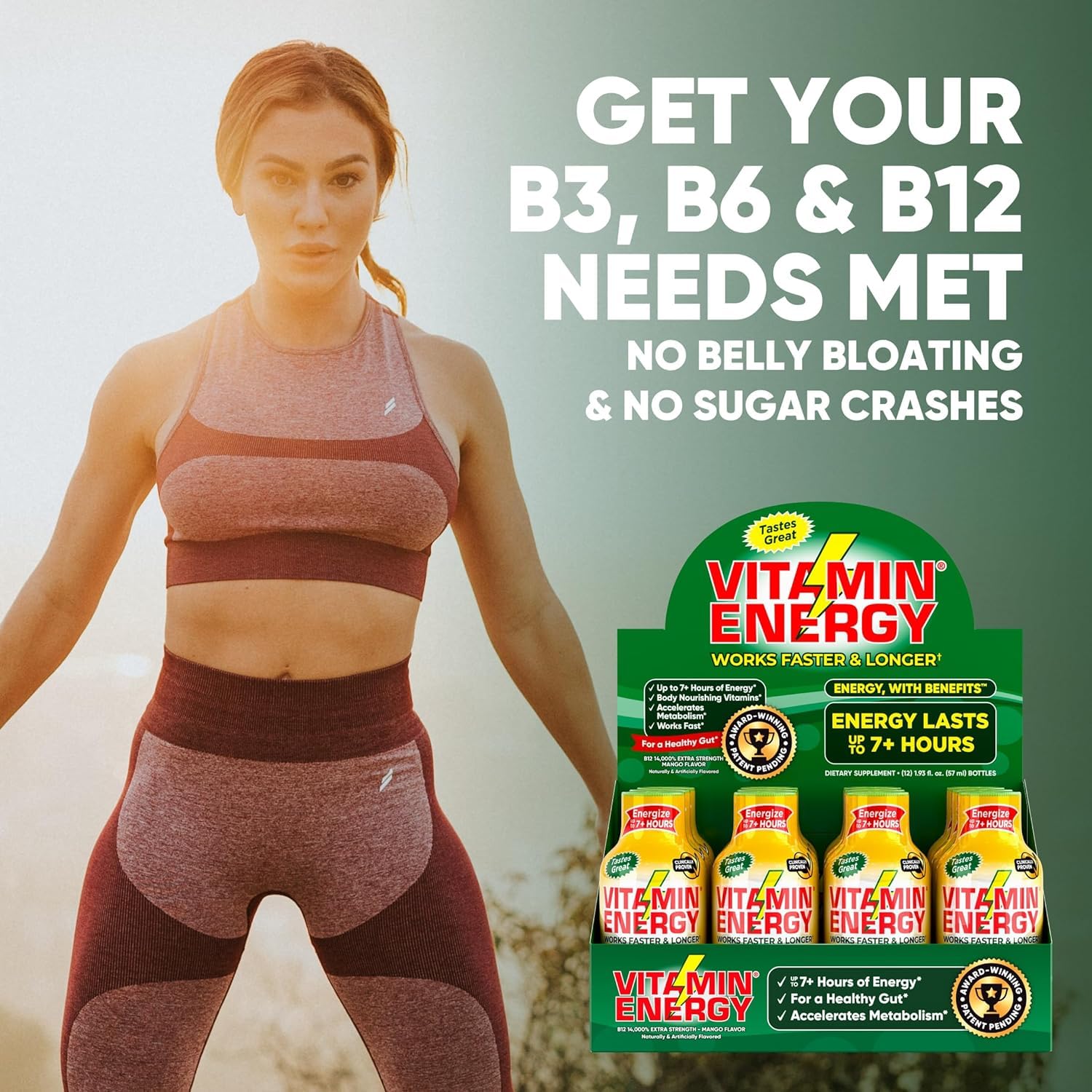 Mango Vitamin B12 Energy Shots - Natural Focus Drink, Sugar-Free, Energize 7+ Hours - Pack of 12