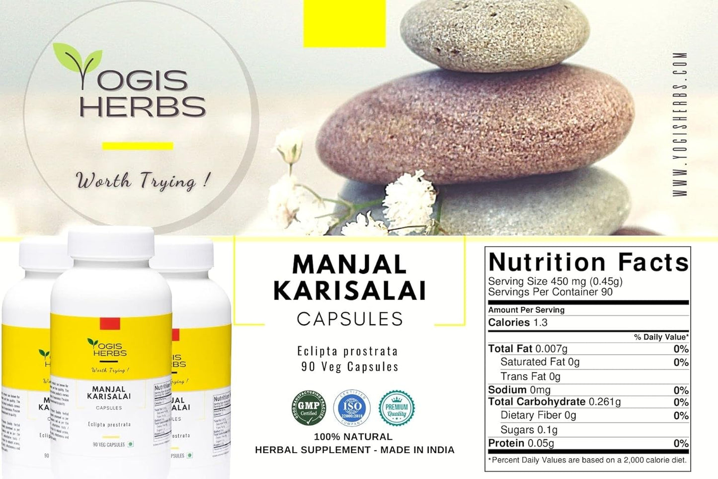 Manjal Karisal Bhringraj Capsules - Herbal Supplement with False Daisy (Eclipta alba) - 90 Veg Capsules