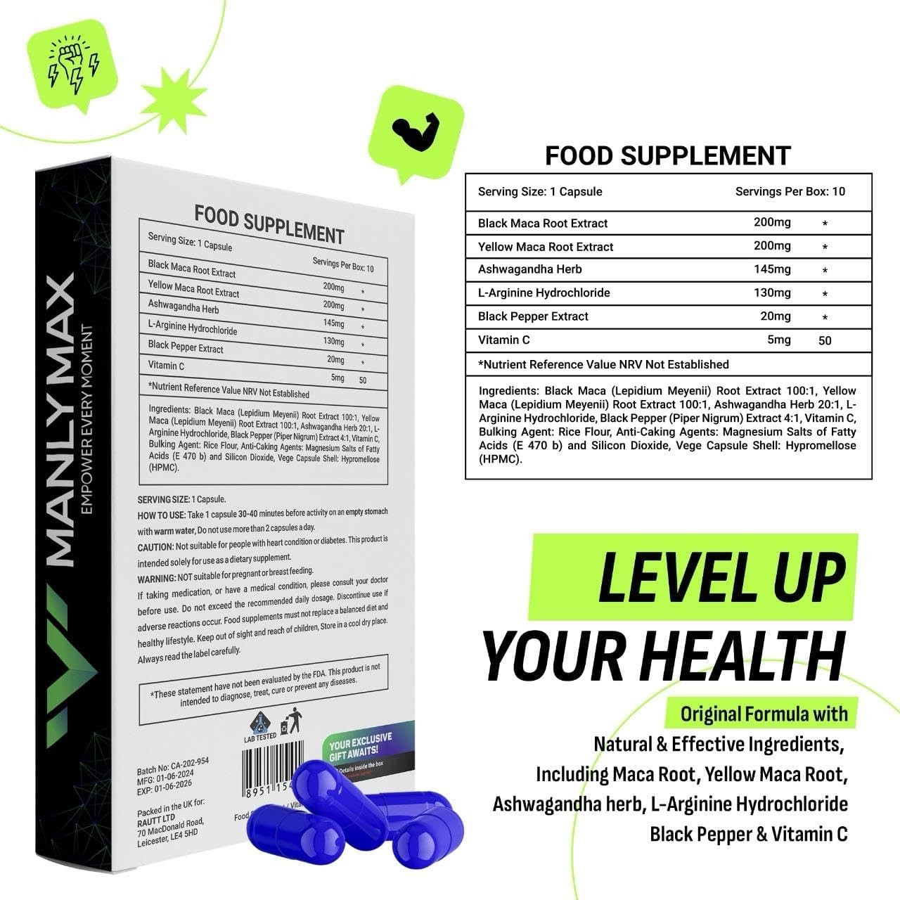 MANLYMAX Sports Nutrition Blend for Enhanced Endurance and Energy Boost (10 Count)