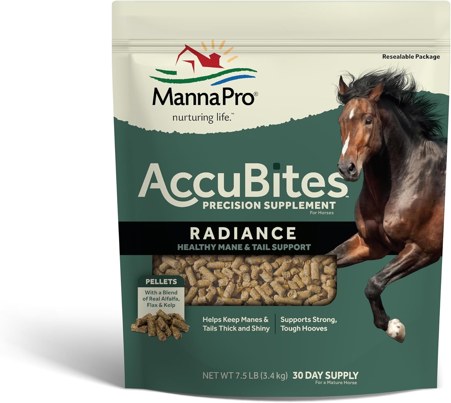Manna Pro AccuBites Radiance Equine Supplement for Skin, Coat, & Hoof Health - Omega 3, 6, Biotin - 7.5 lbs - Alfalfa Flavored