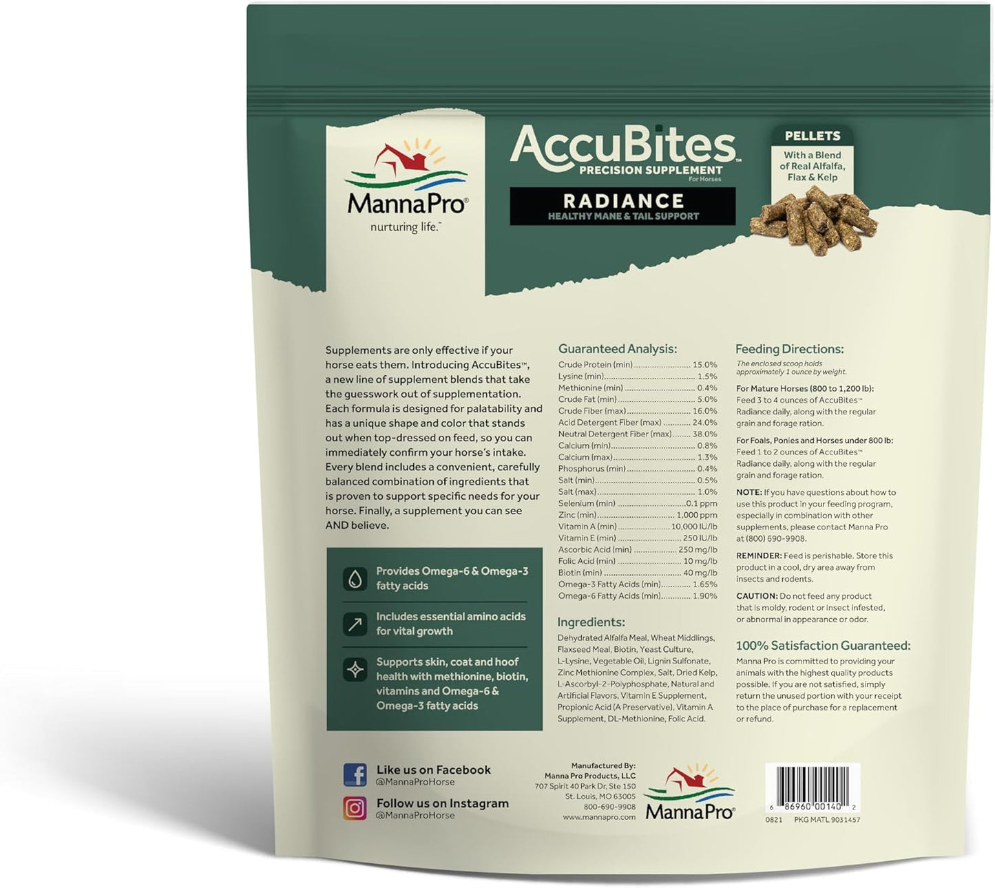 Manna Pro AccuBites Radiance Equine Supplement for Skin, Coat, & Hoof Health - Omega 3, 6, Biotin - 7.5 lbs - Alfalfa Flavored