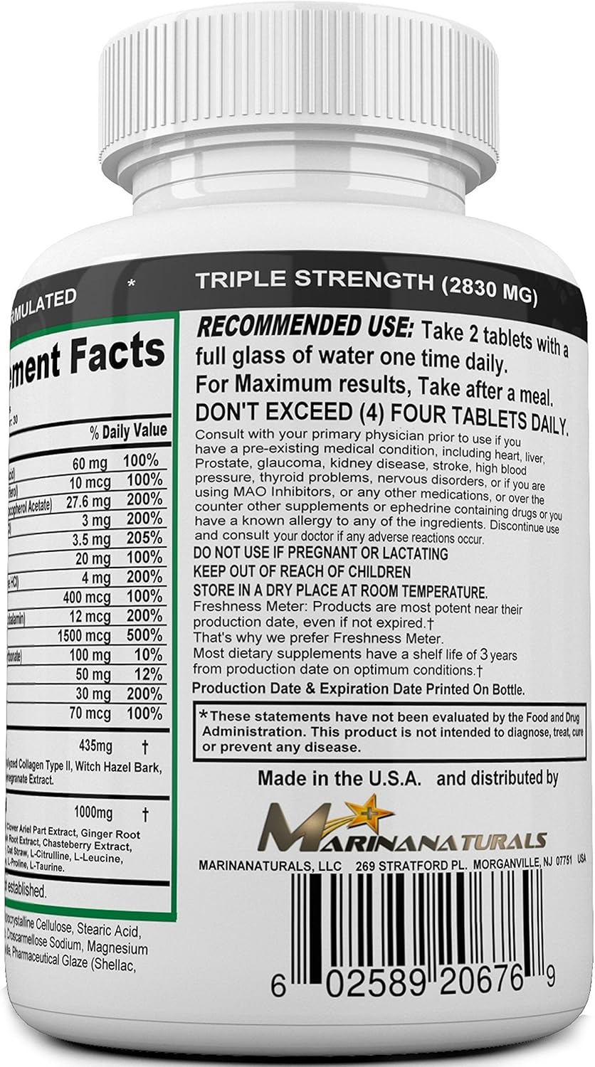 MARINANATURALS FEMVIT Skin Supplement for Youthful Skin, Anti Aging & Wrinkle Reduction with Collagen, Hyaluronic Acid & Biotin - 60 Tablets