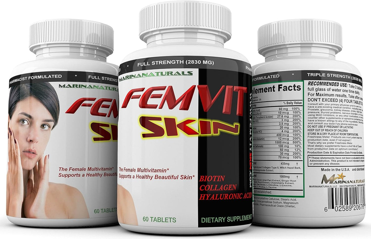 MARINANATURALS FEMVIT Skin Supplement for Youthful Skin, Anti Aging & Wrinkle Reduction with Collagen, Hyaluronic Acid & Biotin - 60 Tablets