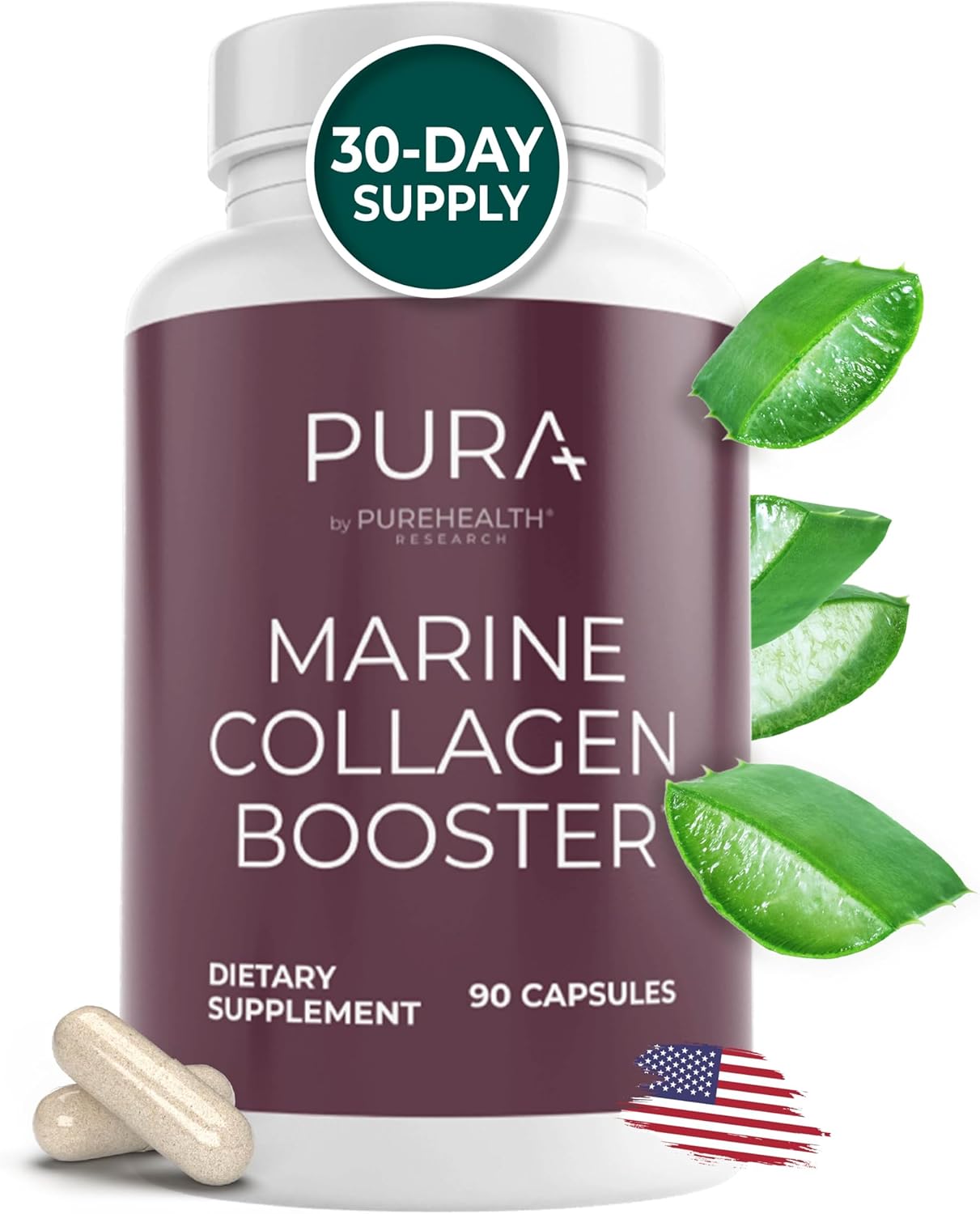 Marine Collagen and Hyaluronic Acid Supplements with Aloe Vera, Vitamin E - 90 Capsules for Hair Skin Nails
