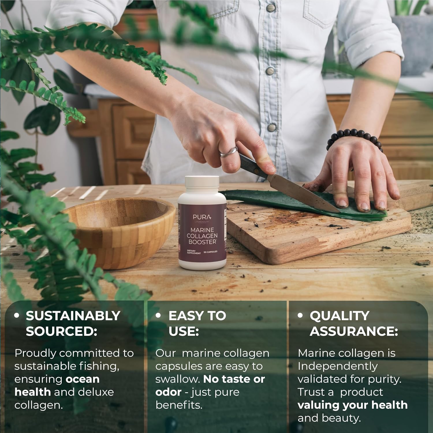 Marine Collagen and Hyaluronic Acid Supplements with Aloe Vera, Vitamin E - 90 Capsules for Hair Skin Nails