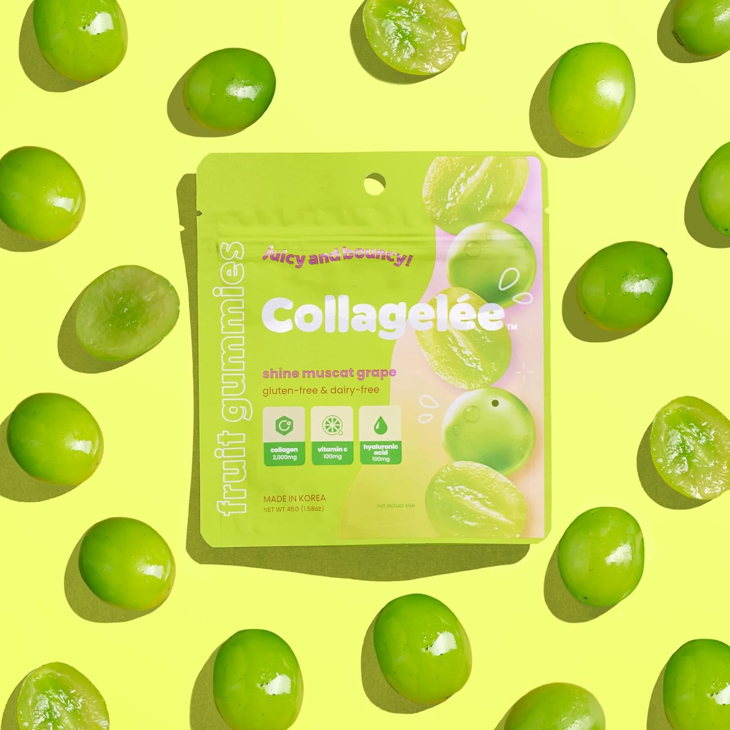 Marine Collagen Gummies with Vitamin C, Hyaluronic Acid, & Biotin for Youthful Skin - Korean Shine Muscat Grape Collagen Supplement