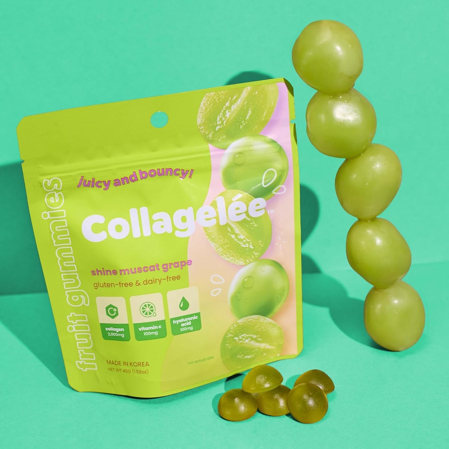 Marine Collagen Gummies with Vitamin C, Hyaluronic Acid, & Biotin for Youthful Skin - Korean Shine Muscat Grape Collagen Supplement
