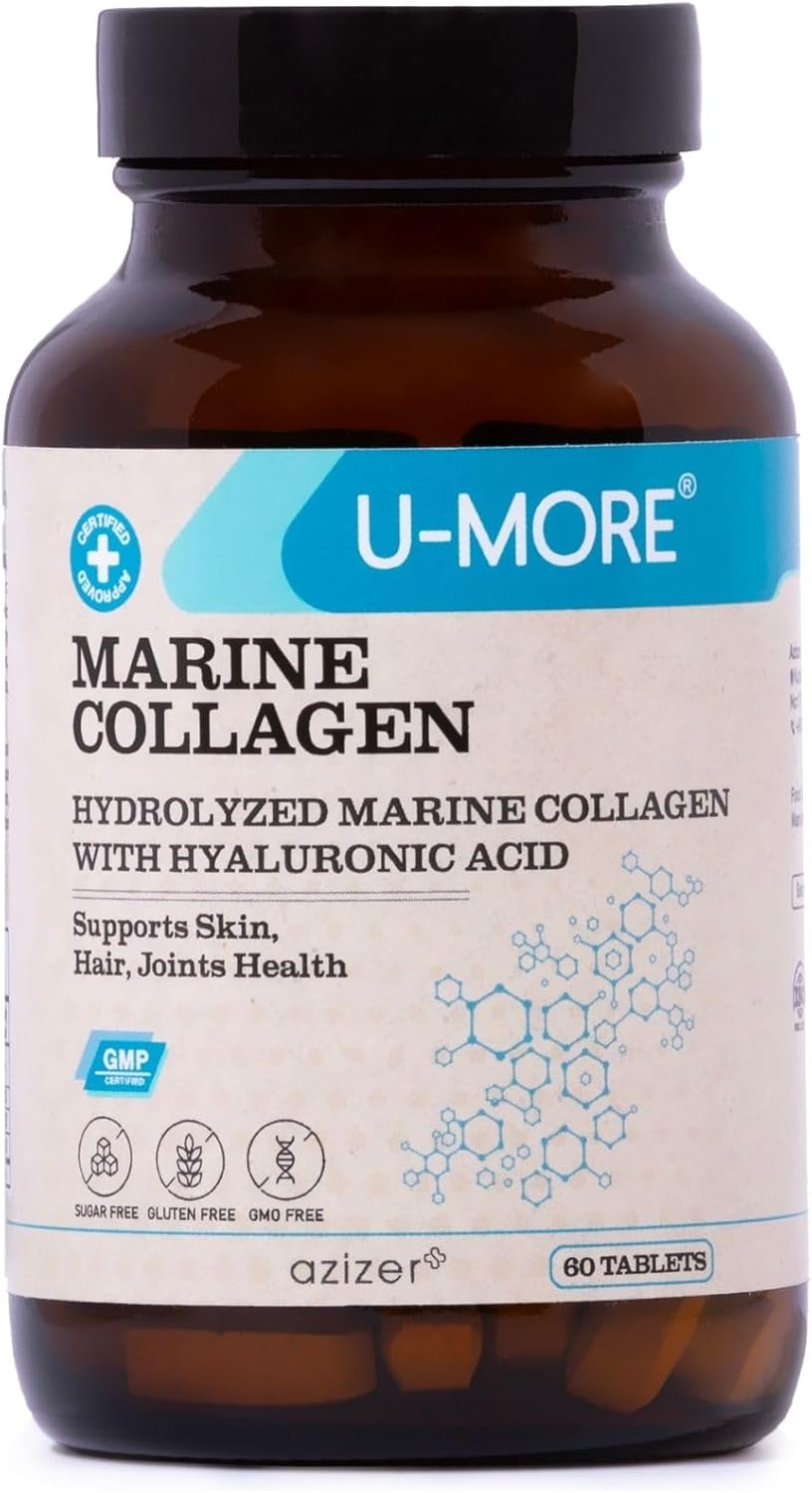 Marine Collagen Peptide Supplement with Biotin, Vitamin C, Hyaluronic Acid - Promotes Hair, Skin, Nail, and Joint Health - 60 Tablets