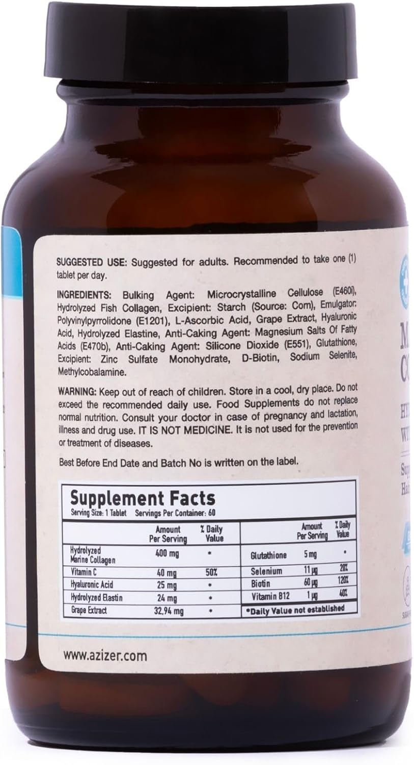 Marine Collagen Peptide Supplement with Biotin, Vitamin C, Hyaluronic Acid - Promotes Hair, Skin, Nail, and Joint Health - 60 Tablets