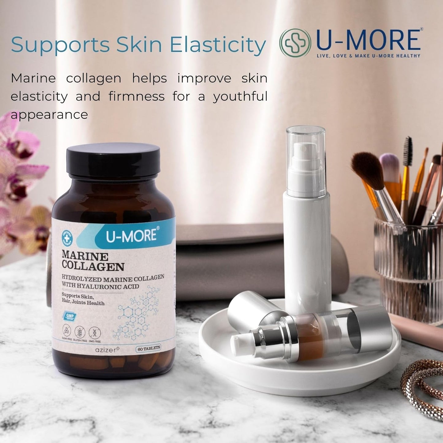Marine Collagen Peptide Supplement with Biotin, Vitamin C, Hyaluronic Acid - Promotes Hair, Skin, Nail, and Joint Health - 60 Tablets