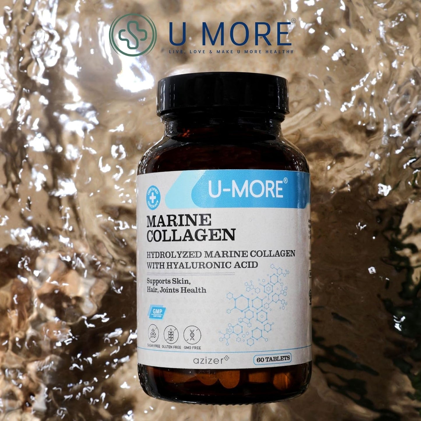 Marine Collagen Peptide Supplement with Biotin, Vitamin C, Hyaluronic Acid - Promotes Hair, Skin, Nail, and Joint Health - 60 Tablets