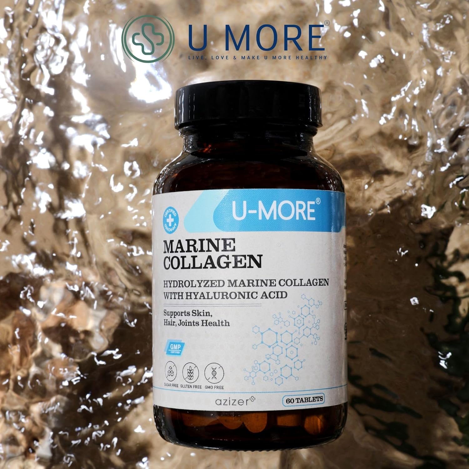 Marine Collagen Peptide Supplement with Biotin, Vitamin C, Hyaluronic Acid - Promotes Hair, Skin, Nail, and Joint Health - 60 Tablets