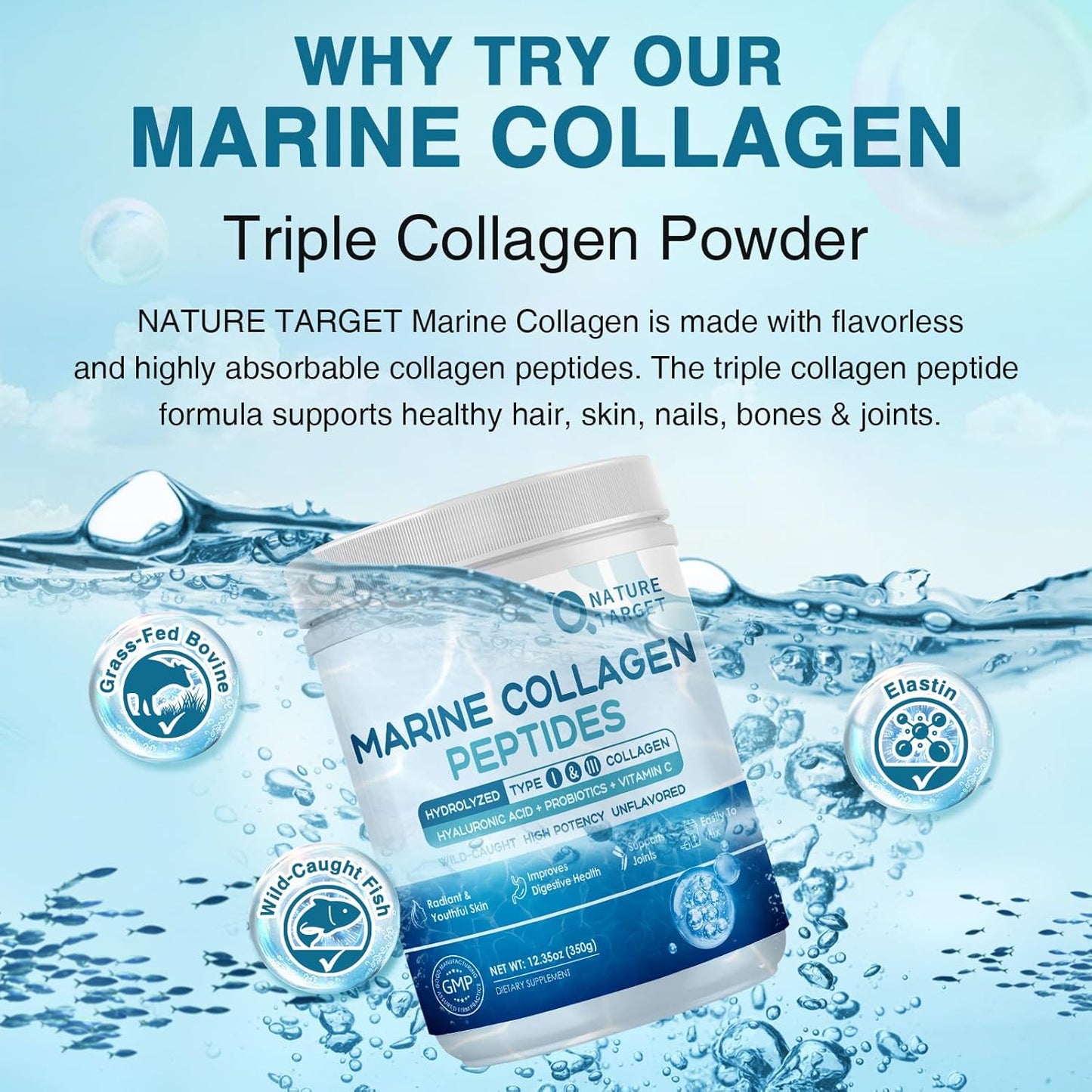 Marine Collagen Peptides Powder with Probiotics, Vitamin C, and Hyaluronic Acid - Type I & III Collagen for Skin, Hair, Nails, and Joints - Wild-Caught Fish and Grass-Fed Bovine - 35 Servings