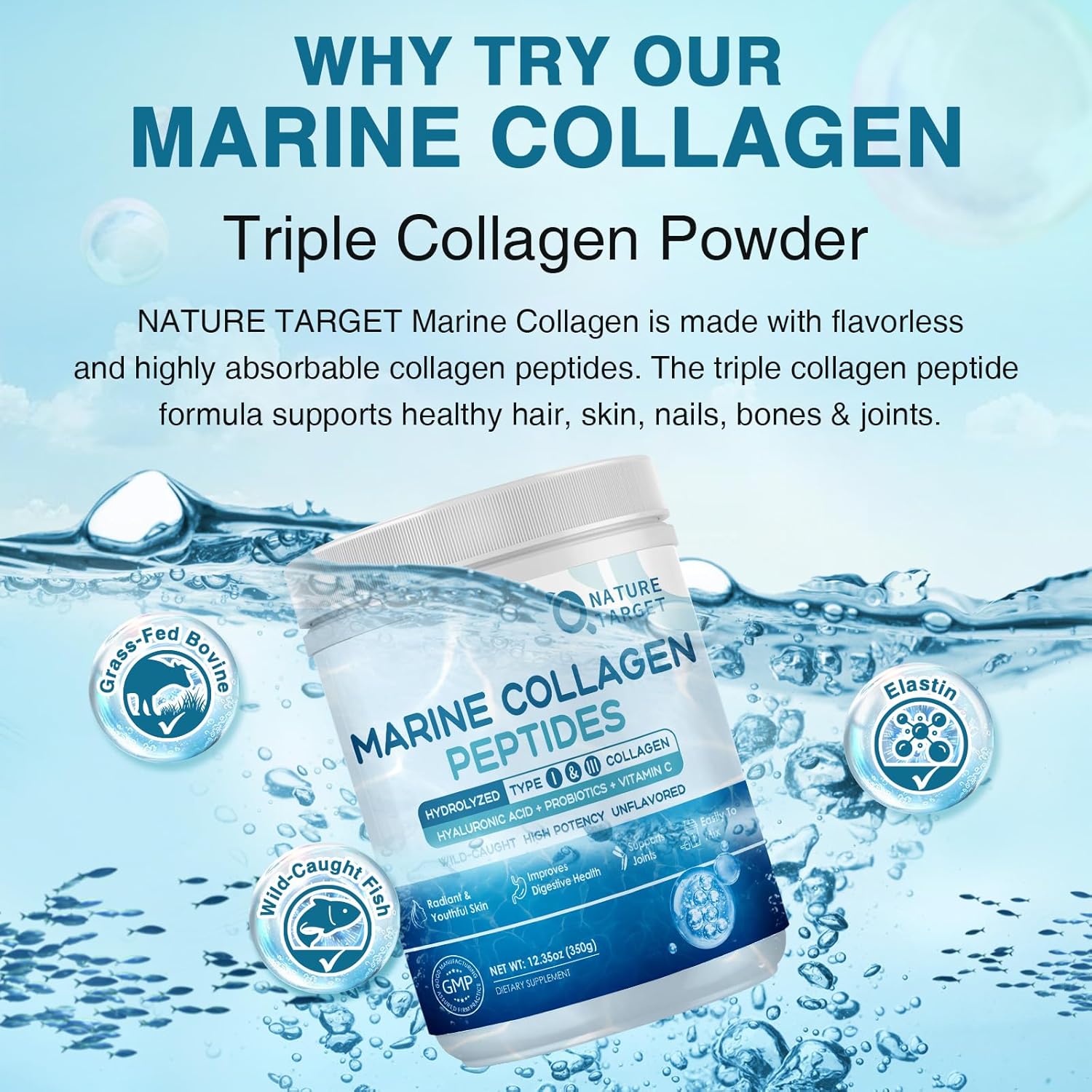 Marine Collagen Peptides Powder with Probiotics, Vitamin C, and Hyaluronic Acid - Type I & III Collagen for Skin, Hair, Nails, and Joints - Wild-Caught Fish and Grass-Fed Bovine - 35 Servings