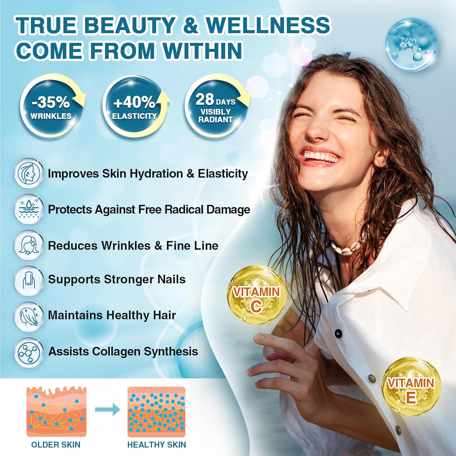 Marine Collagen Peptides Powder with Probiotics, Vitamin C, and Hyaluronic Acid - Type I & III Collagen for Skin, Hair, Nails, and Joints - Wild-Caught Fish and Grass-Fed Bovine - 35 Servings