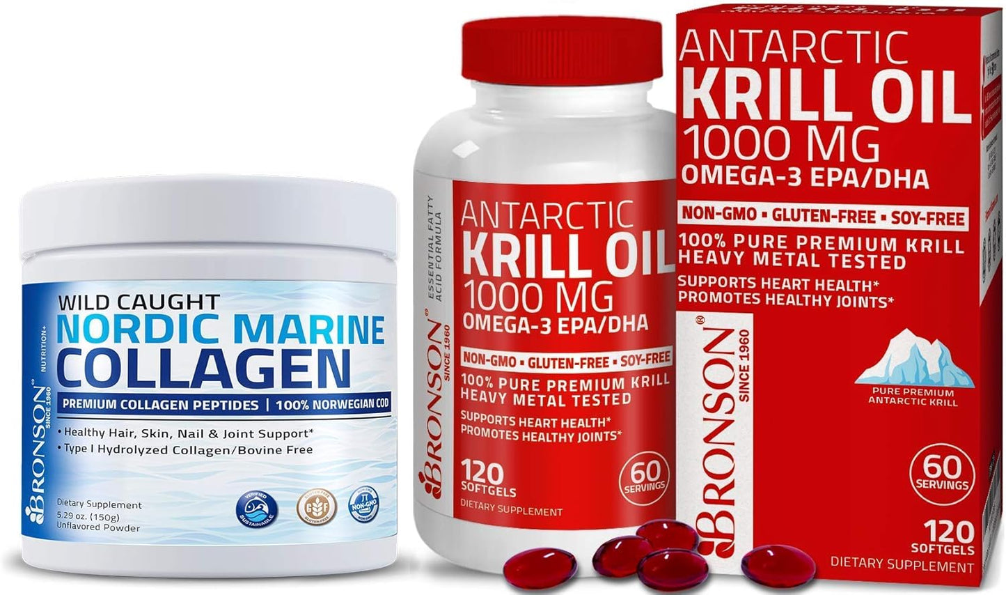 Marine Collagen Peptides Protein Powder + Antarctic Krill Oil 1000mg Omega-3 EPA DHA