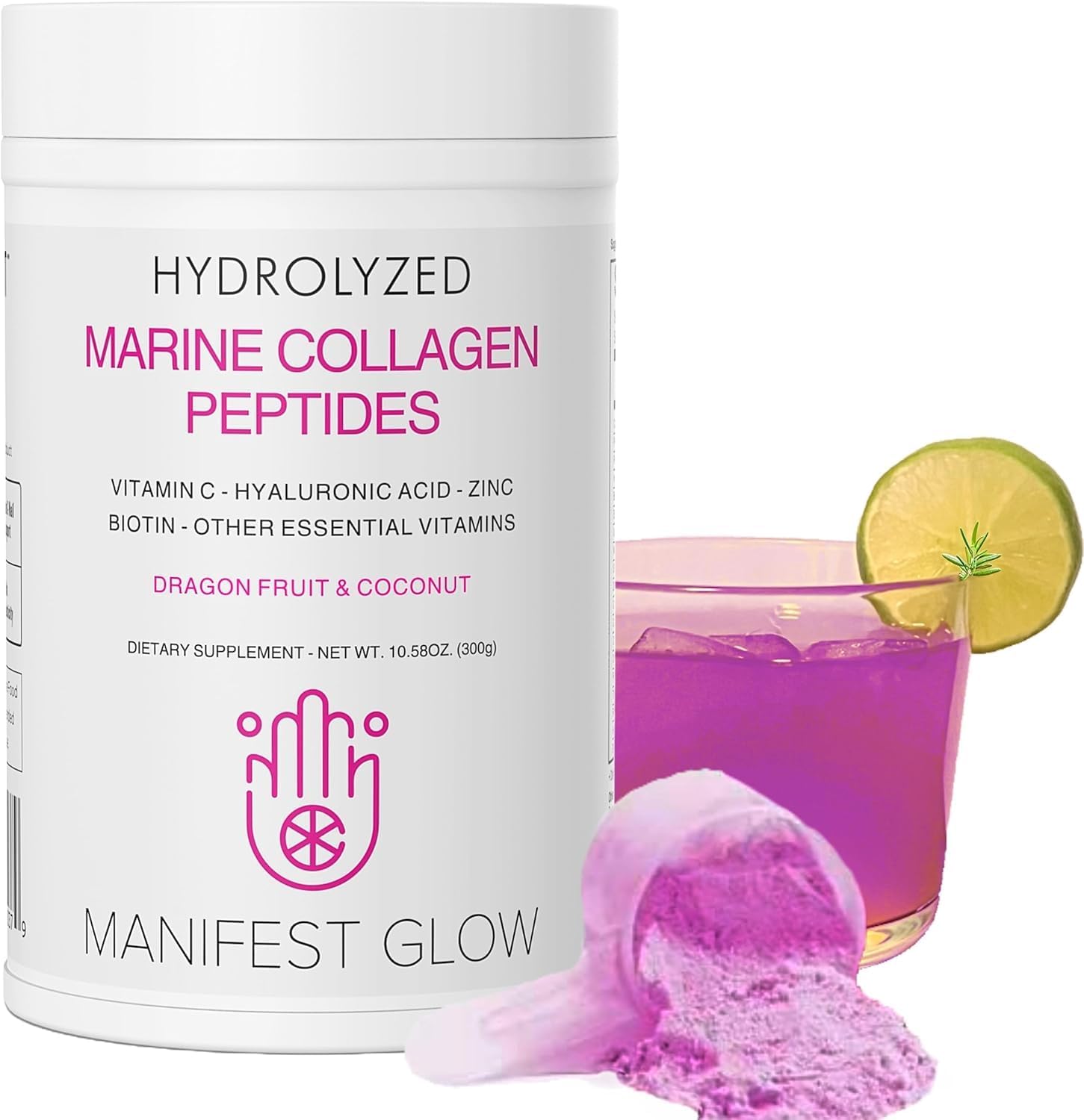 Marine Collagen Peptides with Dragon Fruit, Coconut Water & Pineapple - Vitamin C, Hyaluronic Acid, Biotin - Hair, Skin, Nails & Joint Support