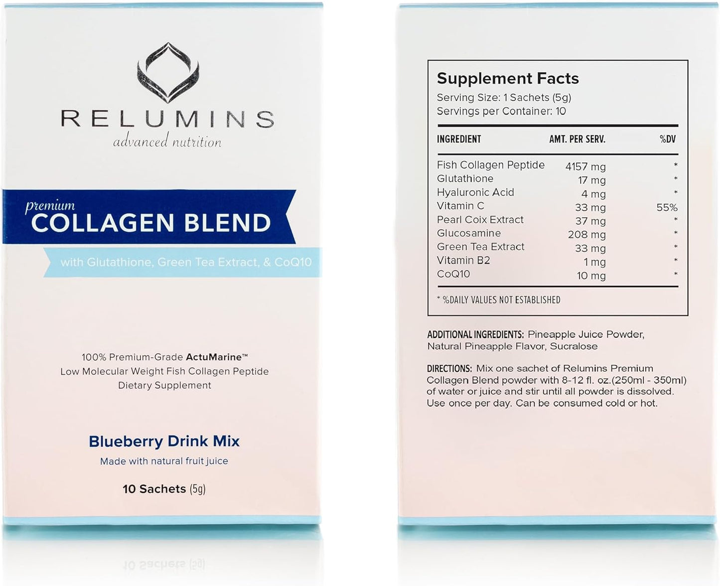 Marine Collagen Powder Drink Mix with Glutathione, Green Tea, CoQ10, & Hyaluronic Acid - 100 Powder Sachets for Smooth Glowing Skin