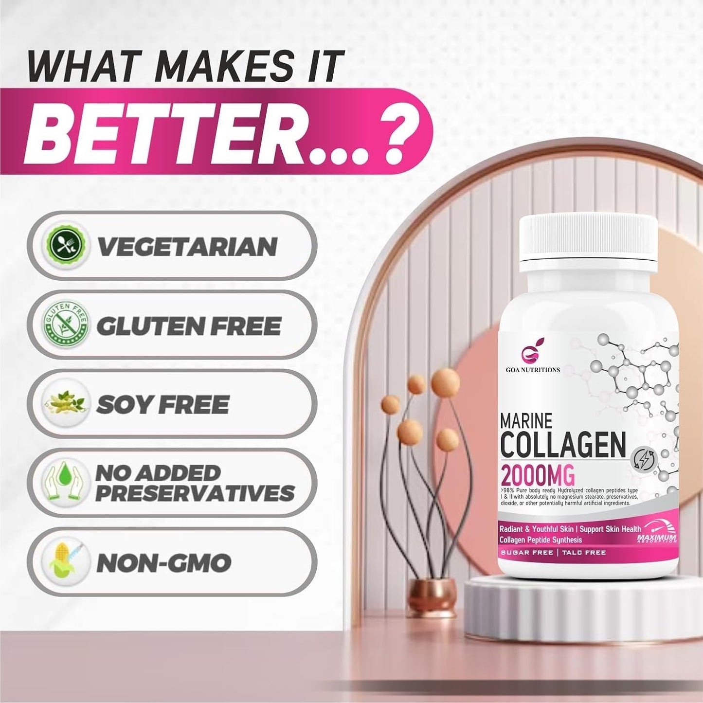 Marine Collagen Powder with Hyaluronic Acid, Biotin, Vitamin C & B12 - Hair, Skin Supplement for Men and Women - Hydrolyzed Protein Peptide Builder - 60 Tablets