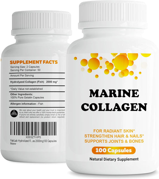 Marine Collagen Supplement for Joint, Nerve, and Bone Support - Non-GMO Anti-Aging Dietary Product with Hydrolyzed Peptides - 100 Capsules