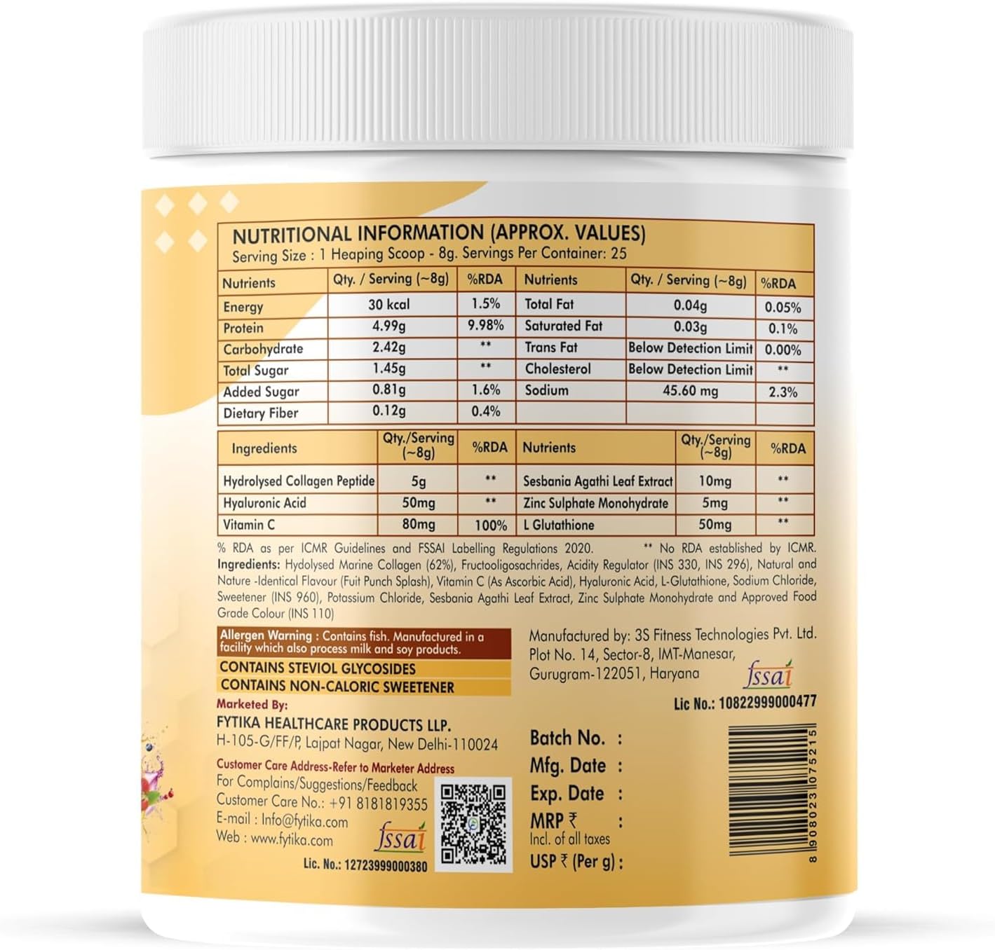 Marine Collagen Supplement with L-Glutathione and Vitamin C for Healthy Skin, Hair, and Nails - Fruit Punch Flavor for Men & Women