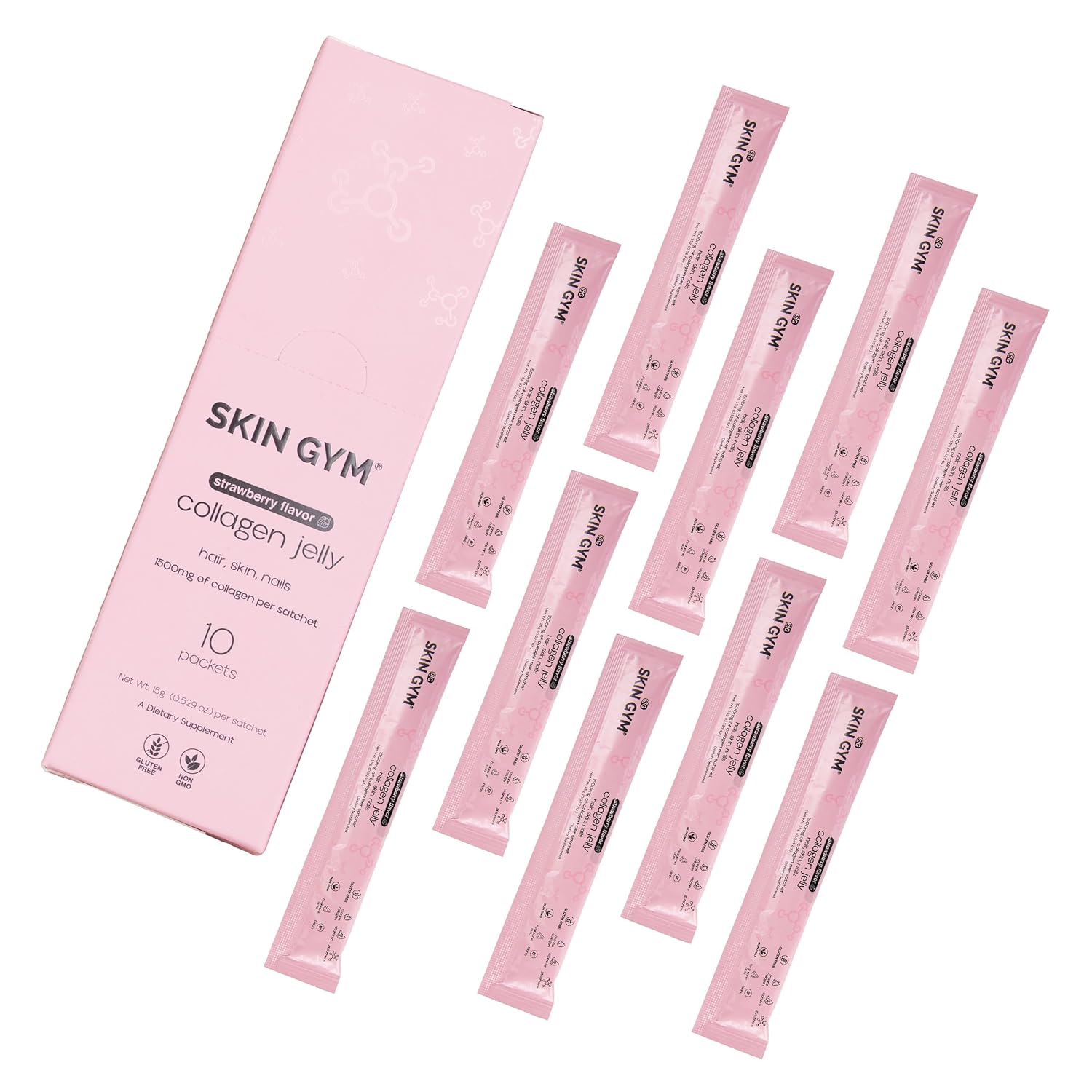 Marine Collagen & Vitamin C Skin Gym Jelly 10-Pack - Daily Beauty Supplement for Hair, Skin, and Nails with Hyaluronic Acid & Strawberry Flavor