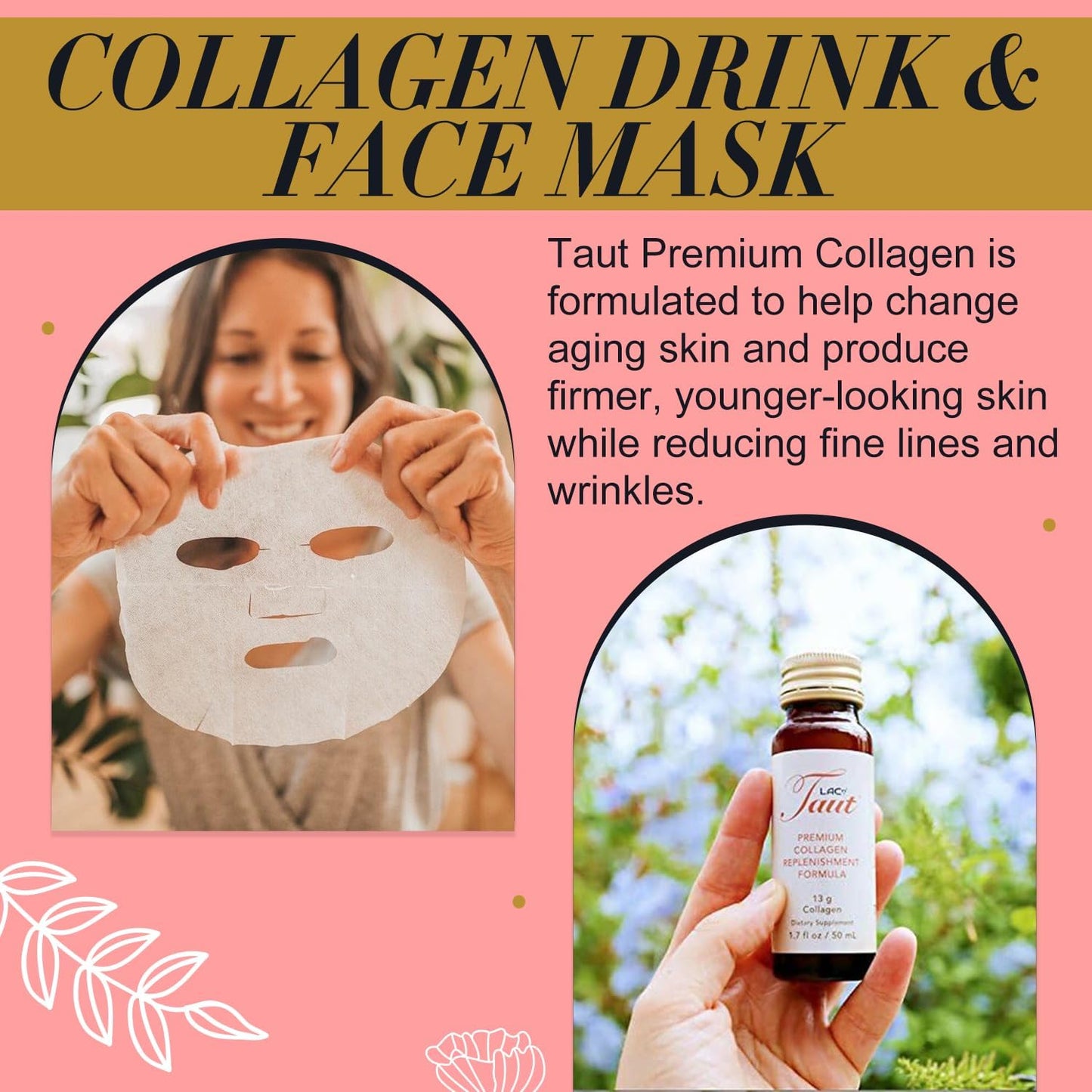 Marine Hydrolyzed Collagen Drink & Face Mask Set - 13,000mg Collagen Peptides with Hyaluronic Acid - 30 Day Supply - 5 Masks & 15 Bottles