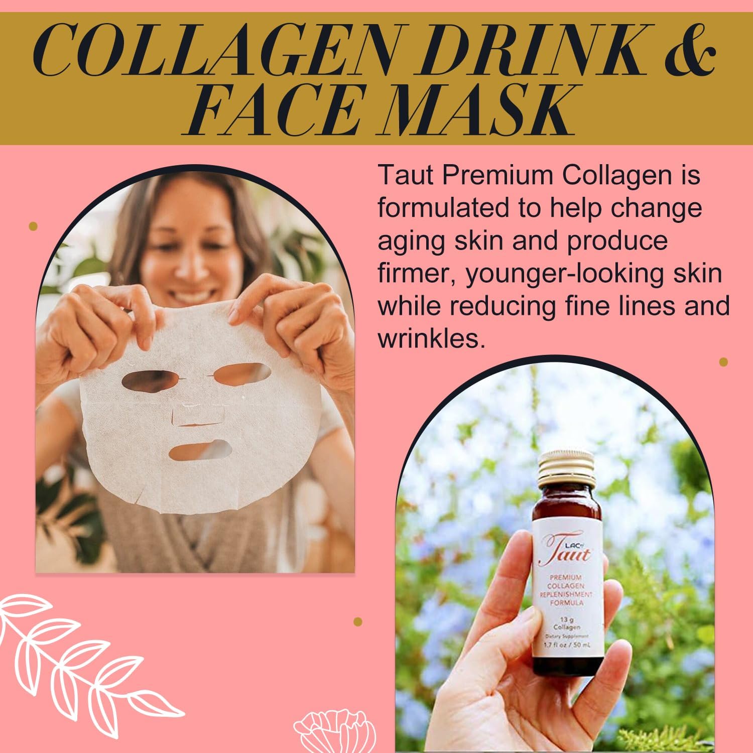 Marine Hydrolyzed Collagen Drink & Face Mask Set - 13,000mg Collagen Peptides with Hyaluronic Acid - 30 Day Supply - 5 Masks & 15 Bottles