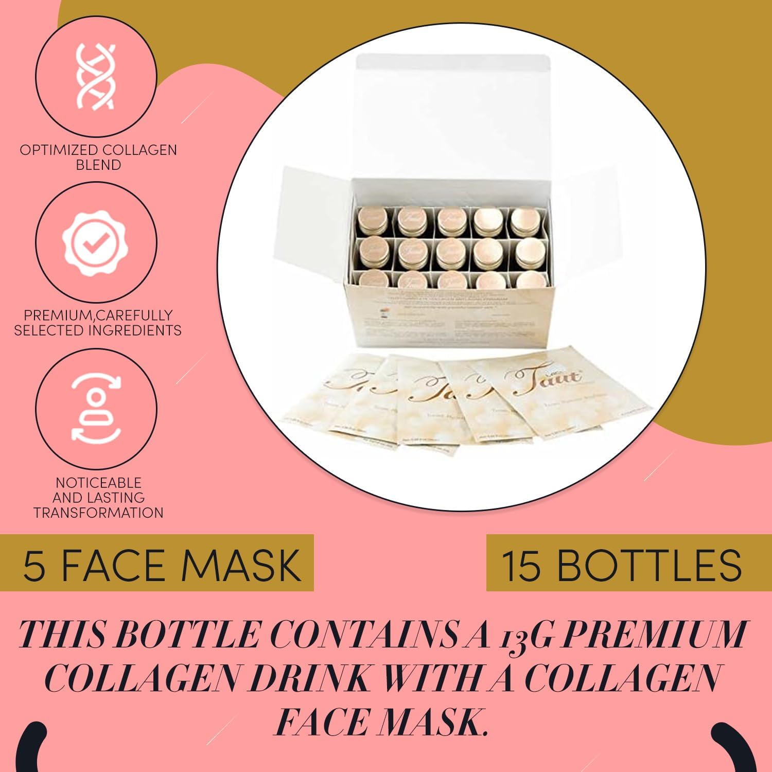 Marine Hydrolyzed Collagen Drink & Face Mask Set - 13,000mg Collagen Peptides with Hyaluronic Acid - 30 Day Supply - 5 Masks & 15 Bottles