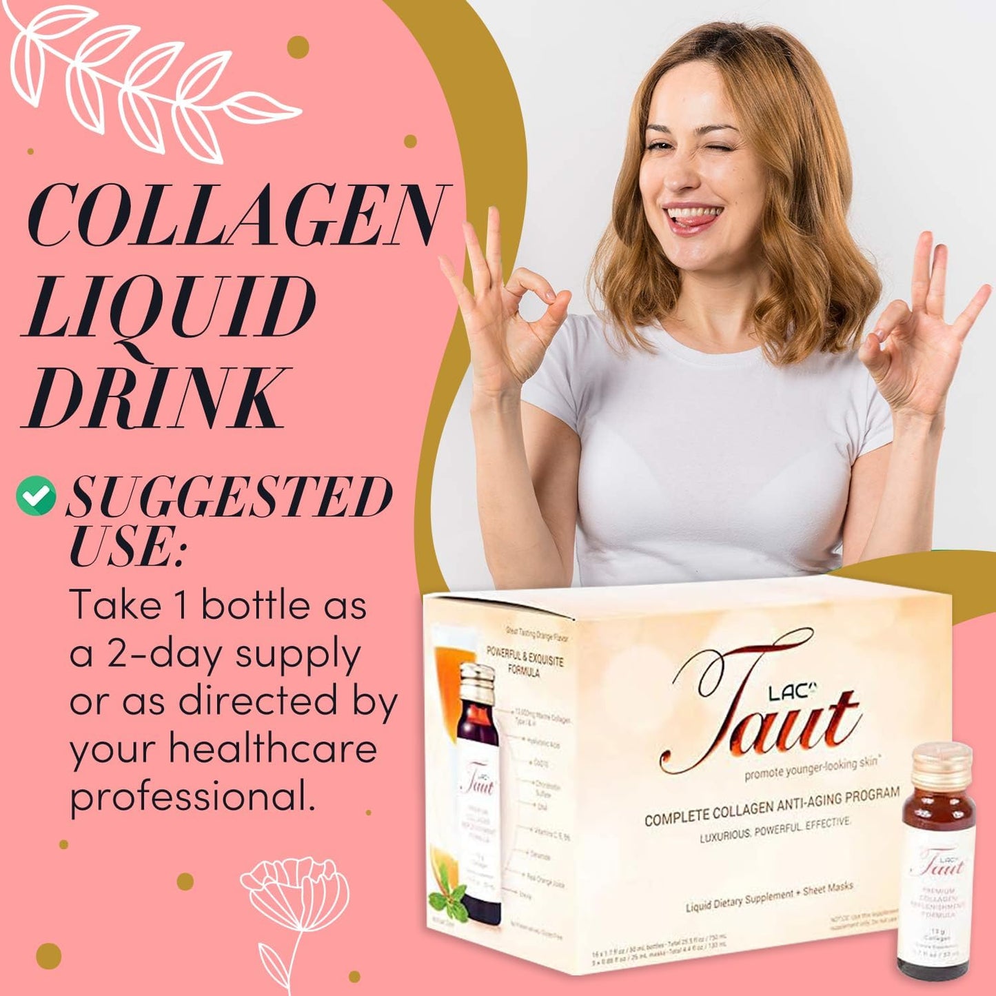 Marine Hydrolyzed Collagen Drink & Face Mask Set - 13,000mg Collagen Peptides with Hyaluronic Acid - 30 Day Supply - 5 Masks & 15 Bottles