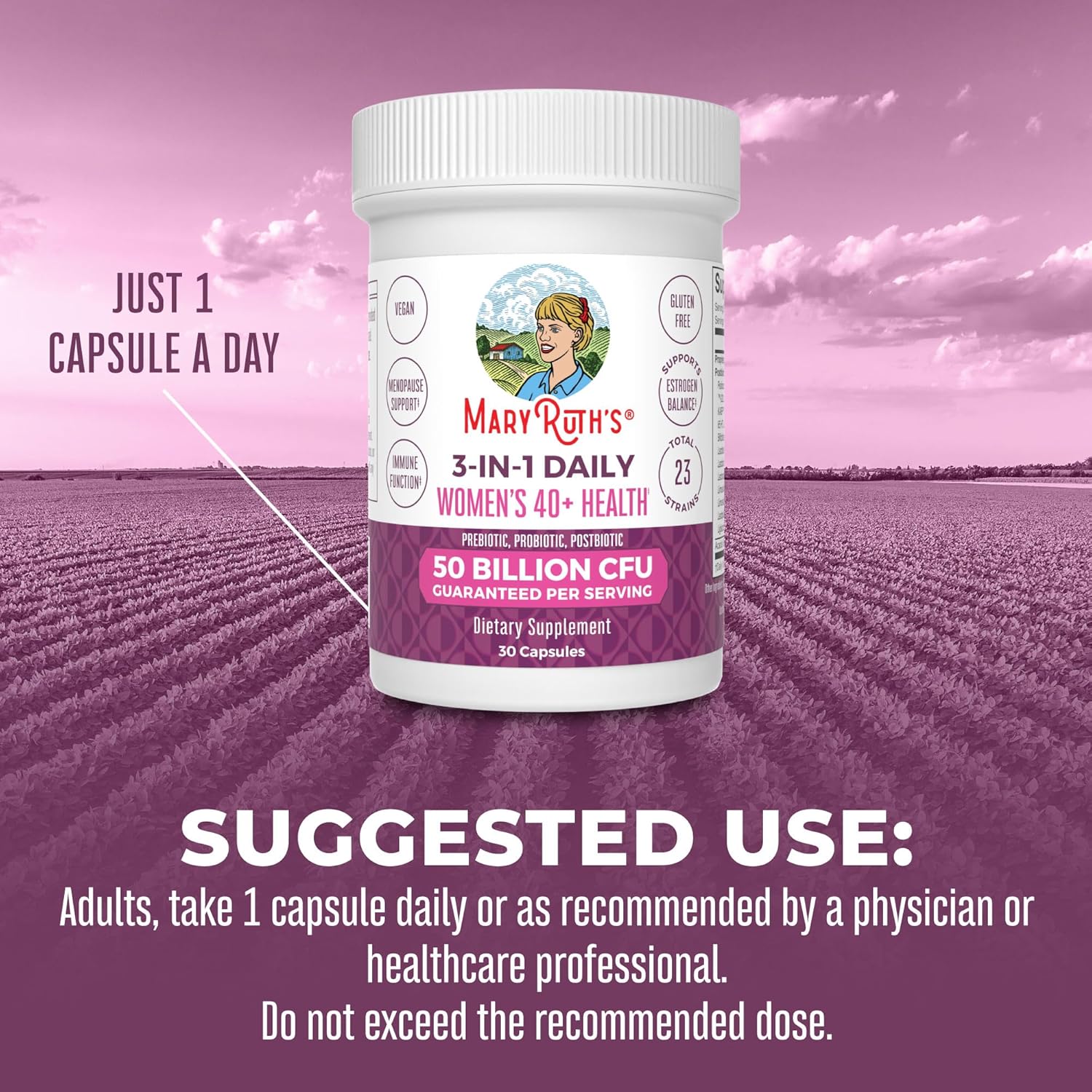 MaryRuth Organics 40+ Women's Probiotic Supplement | 3-in-1 Daily Health | Estrogen Support | 50 Billion CFU | Clinically Tested | Allergen-Free | 30 Count