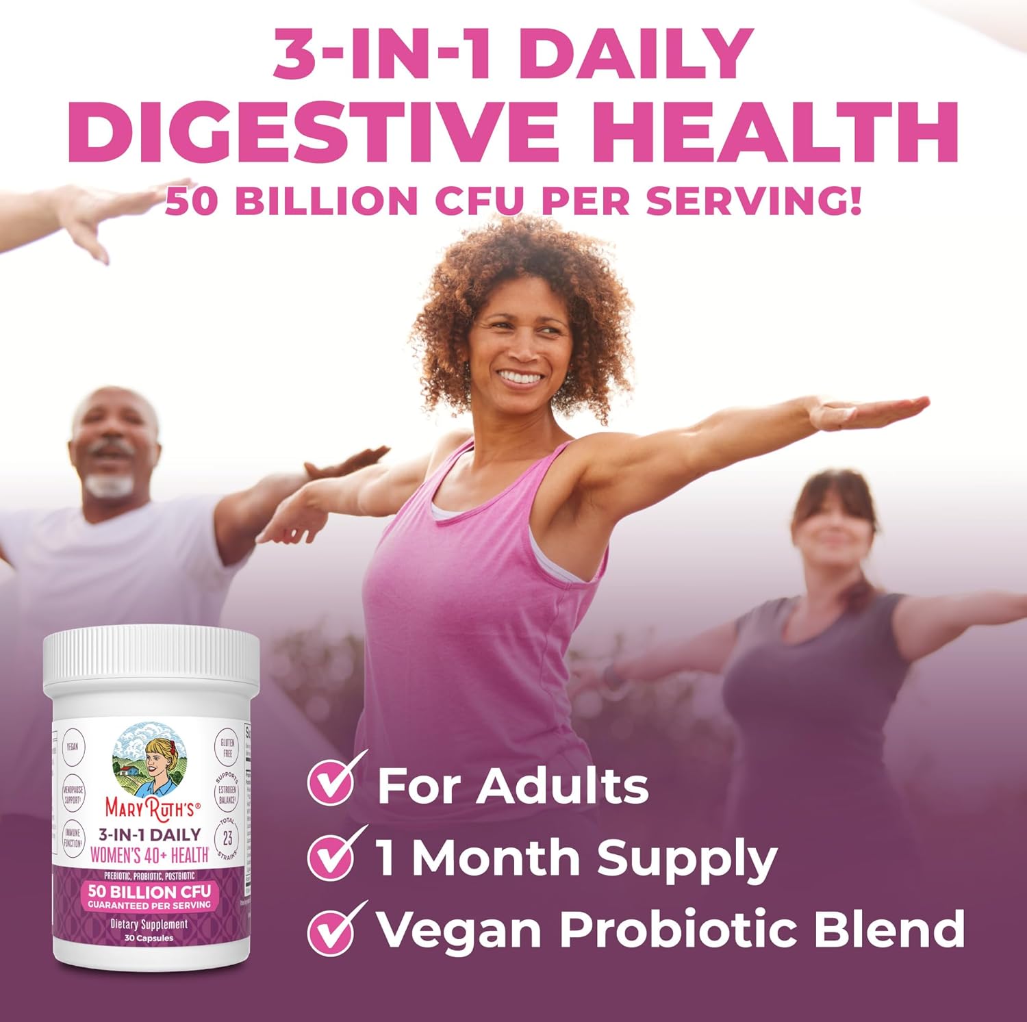 MaryRuth Organics 40+ Women's Probiotic Supplement | 3-in-1 Daily Health | Estrogen Support | 50 Billion CFU | Clinically Tested | Allergen-Free | 30 Count