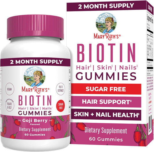 MaryRuth Organics Biotin Gummies - Vegan & Sugar Free Hair Growth Supplement, 2,500 mcg Biotin, 60 Count Nails, Skin, Vitamins