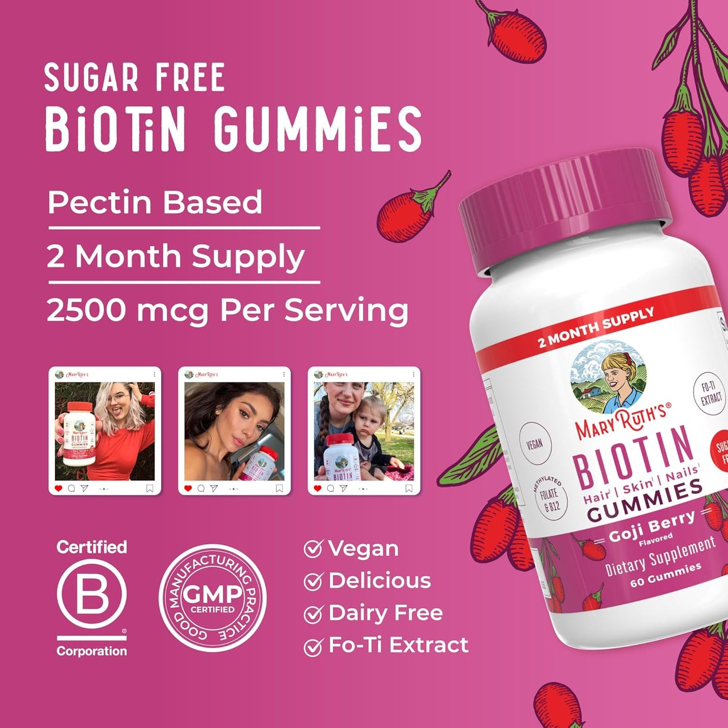 MaryRuth Organics Biotin Gummies - Vegan & Sugar Free Hair Growth Supplement, 2,500 mcg Biotin, 60 Count Nails, Skin, Vitamins