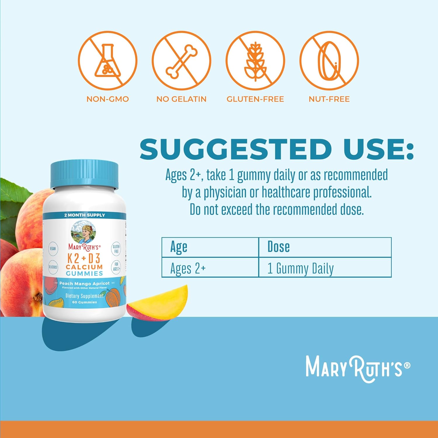 MaryRuth Organics Calcium Gummies with Vitamin D3 & K2 - 2 Month Supply, Supports Bone Health & Joints, Vegan, Non-GMO - 60 Count