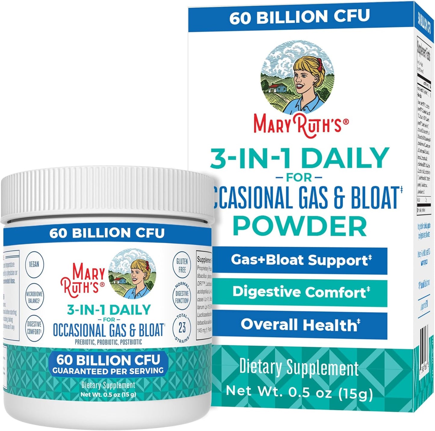 MaryRuth Organics Gas & Bloat Probiotics for Men & Women | 3-in-1 Formula with Prebiotics & Postbiotics | Supports Normal Digestive Function | 60 Billion CFU | Shelf Stable | 0.5 oz