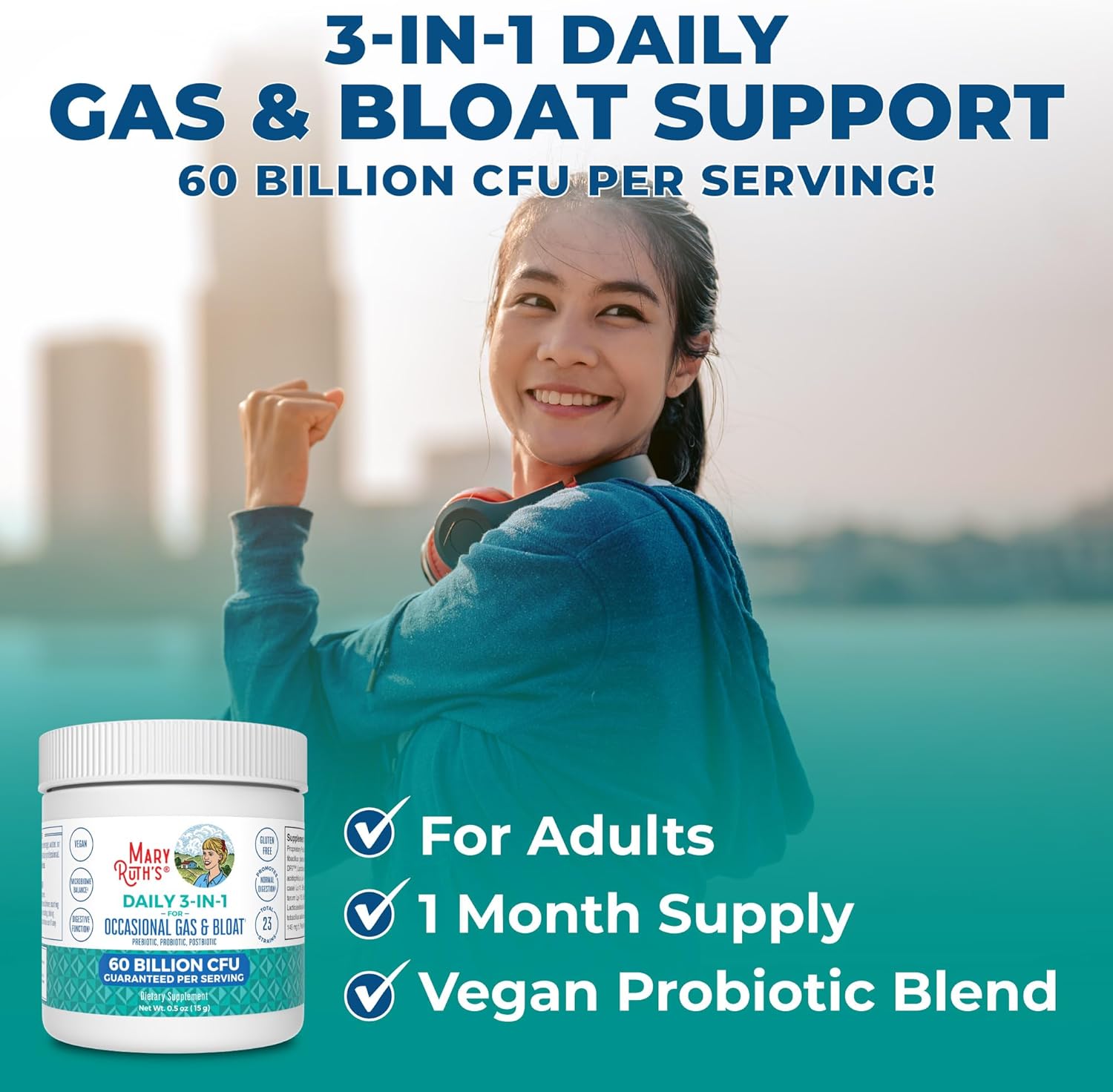 MaryRuth Organics Gas & Bloat Probiotics for Men & Women | 3-in-1 Formula with Prebiotics & Postbiotics | Supports Normal Digestive Function | 60 Billion CFU | Shelf Stable | 0.5 oz