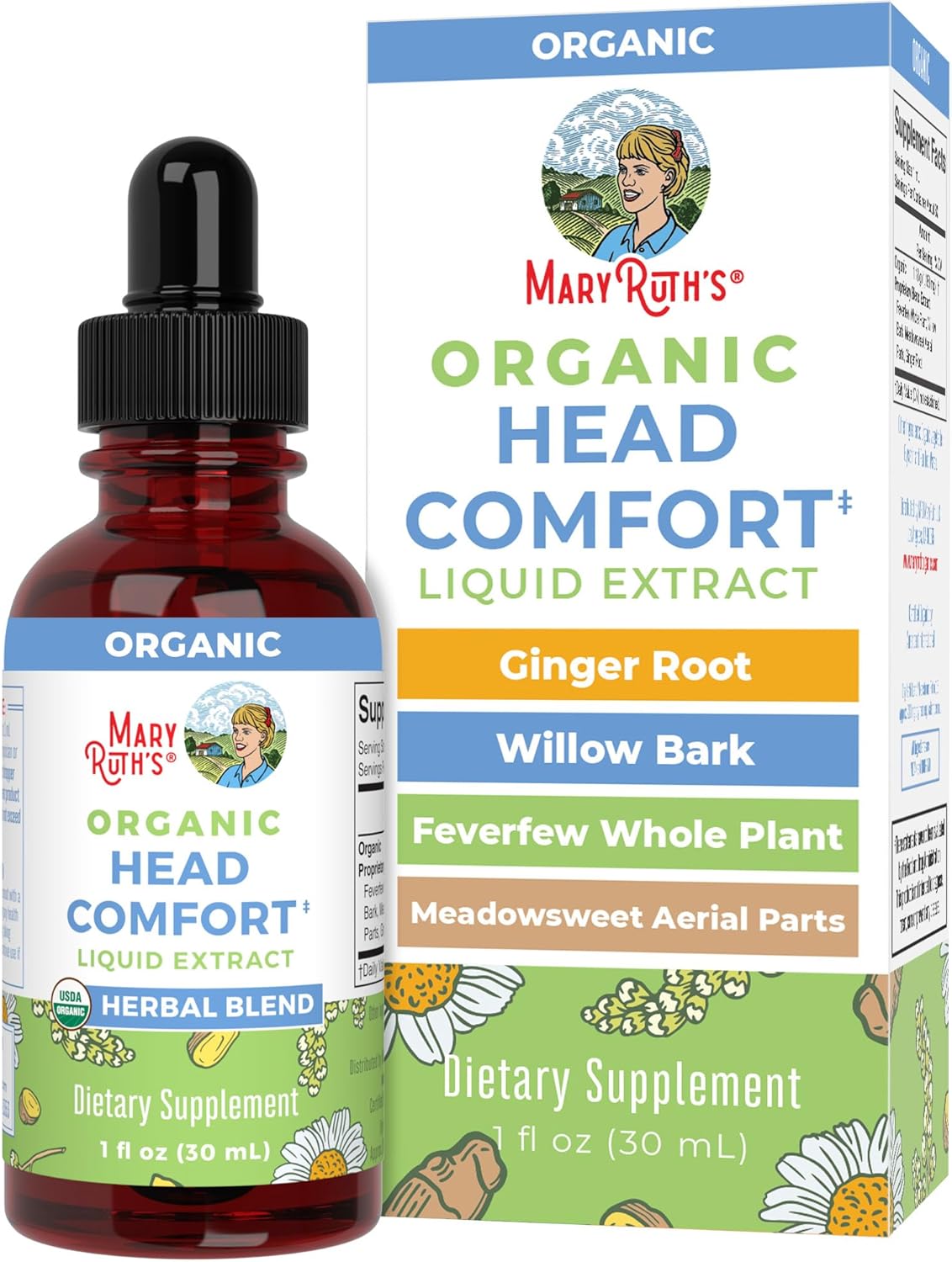 MaryRuth Organics Herbal Blend Liquid Extract for Head Comfort | USDA Organic | Ginger Root, Willow Bark, Feverfew, Meadowsweet | Non-GMO, Vegan, Gluten Free | 1 Fl Oz