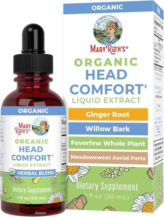 MaryRuth Organics Herbal Blend Liquid Extract for Head Comfort | USDA Organic | Ginger Root, Willow Bark, Feverfew, Meadowsweet | Non-GMO, Vegan, Gluten Free | 1 Fl Oz