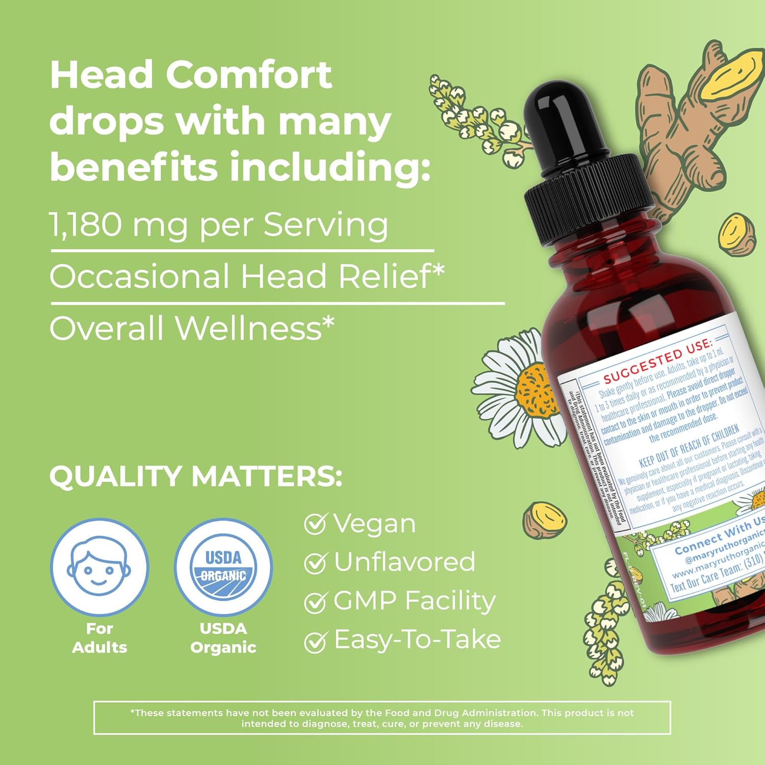 MaryRuth Organics Herbal Blend Liquid Extract for Head Comfort | USDA Organic | Ginger Root, Willow Bark, Feverfew, Meadowsweet | Non-GMO, Vegan, Gluten Free | 1 Fl Oz