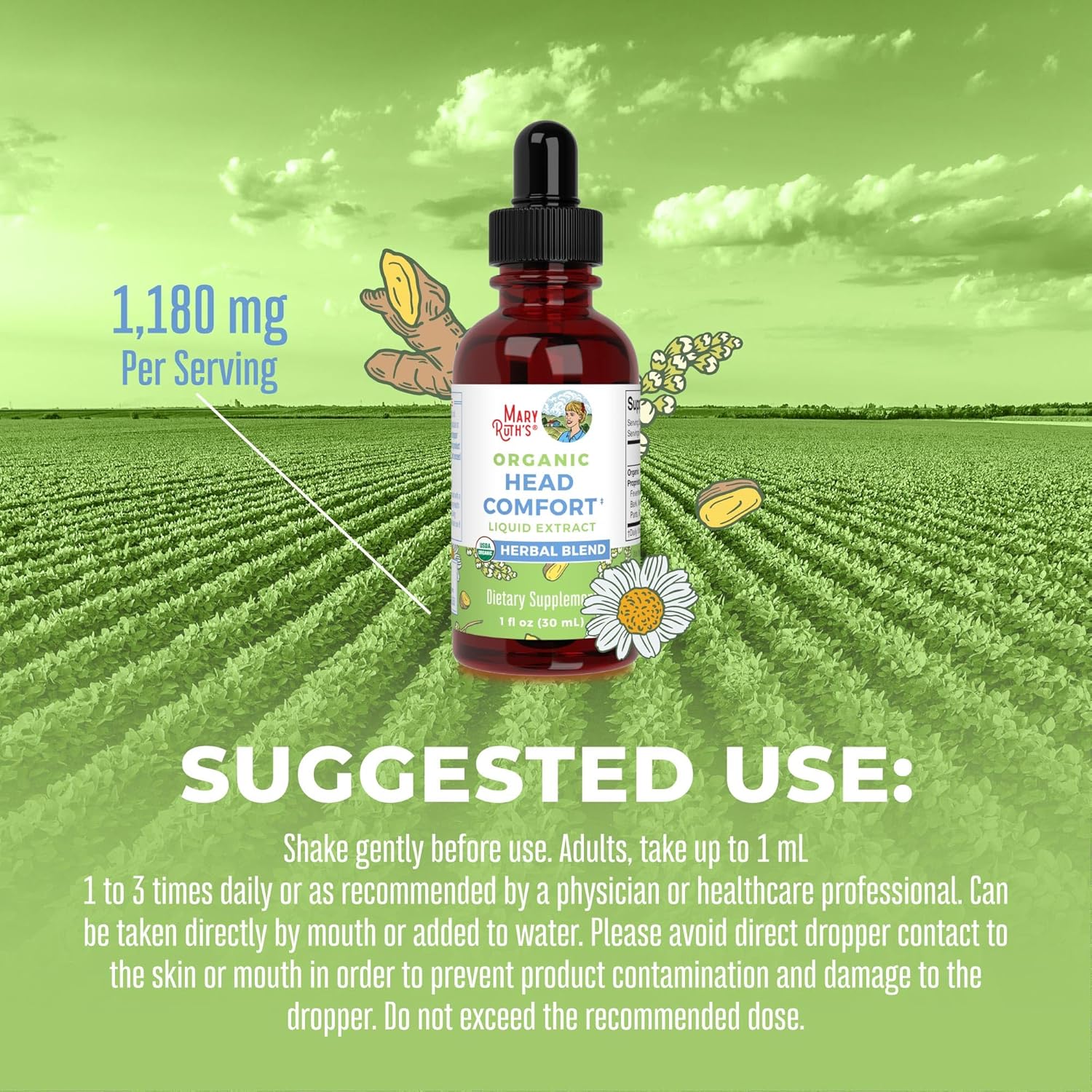 MaryRuth Organics Herbal Blend Liquid Extract for Head Comfort | USDA Organic | Ginger Root, Willow Bark, Feverfew, Meadowsweet | Non-GMO, Vegan, Gluten Free | 1 Fl Oz