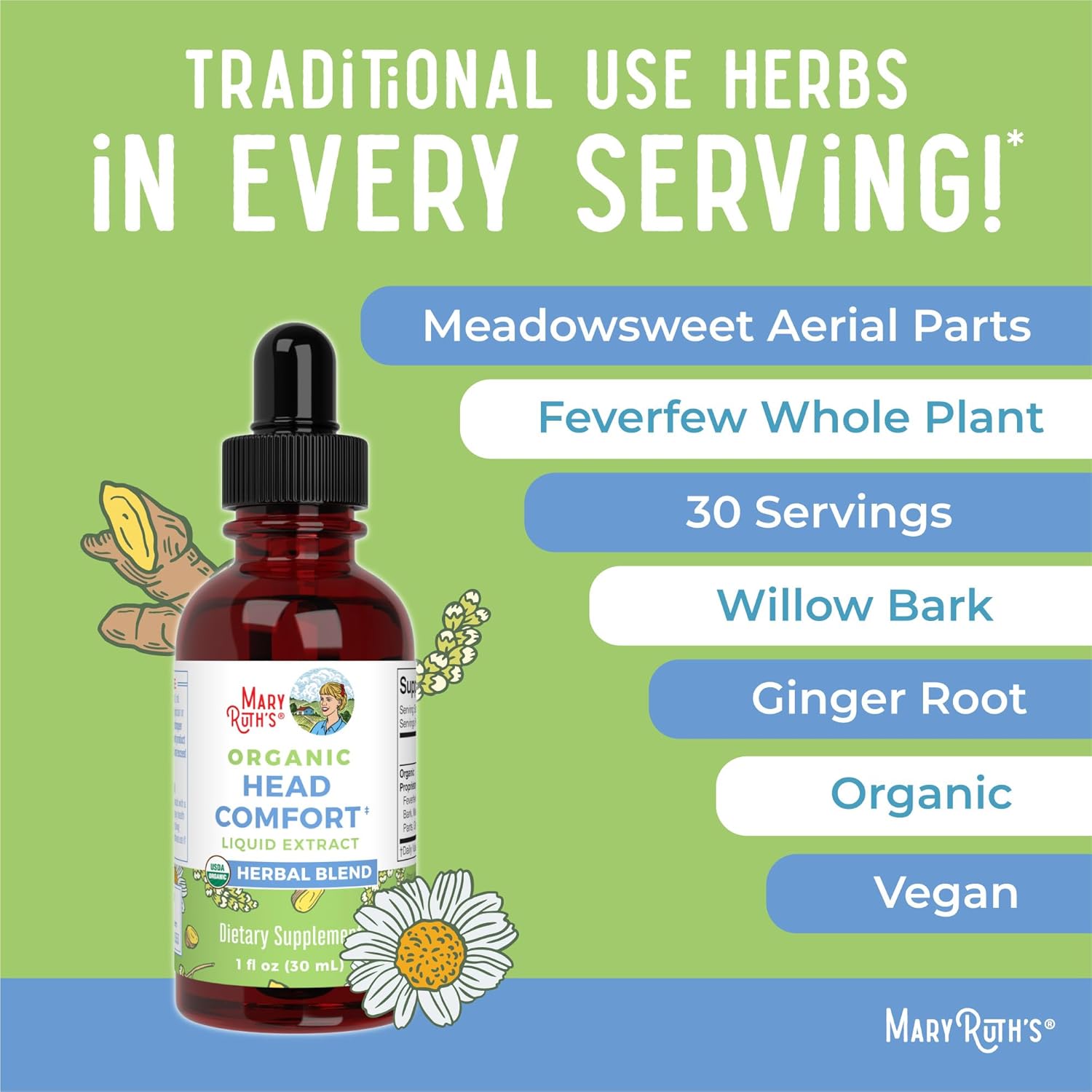 MaryRuth Organics Herbal Blend Liquid Extract for Head Comfort | USDA Organic | Ginger Root, Willow Bark, Feverfew, Meadowsweet | Non-GMO, Vegan, Gluten Free | 1 Fl Oz