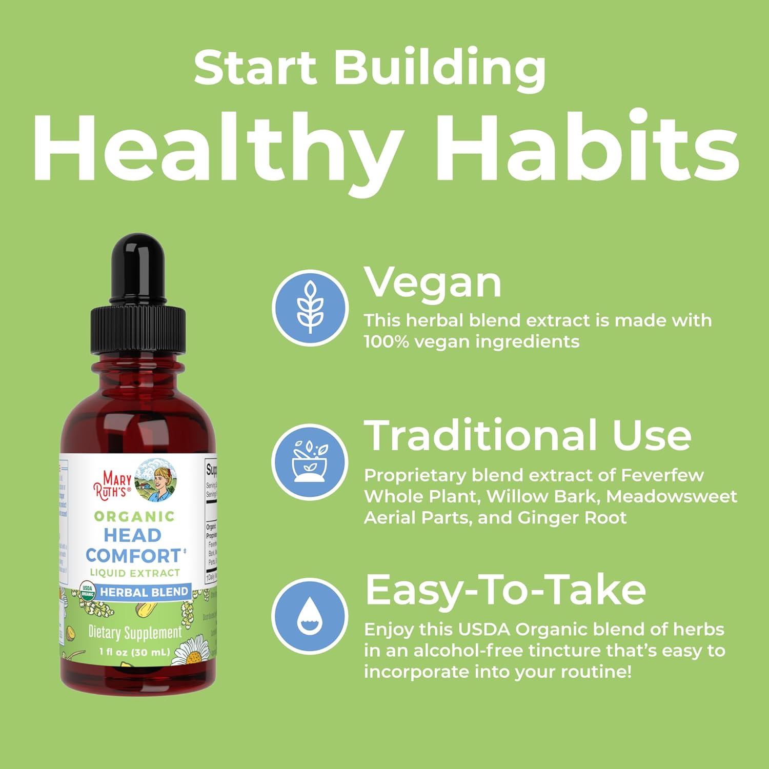 MaryRuth Organics Herbal Blend Liquid Extract for Head Comfort | USDA Organic | Ginger Root, Willow Bark, Feverfew, Meadowsweet | Non-GMO, Vegan, Gluten Free | 1 Fl Oz
