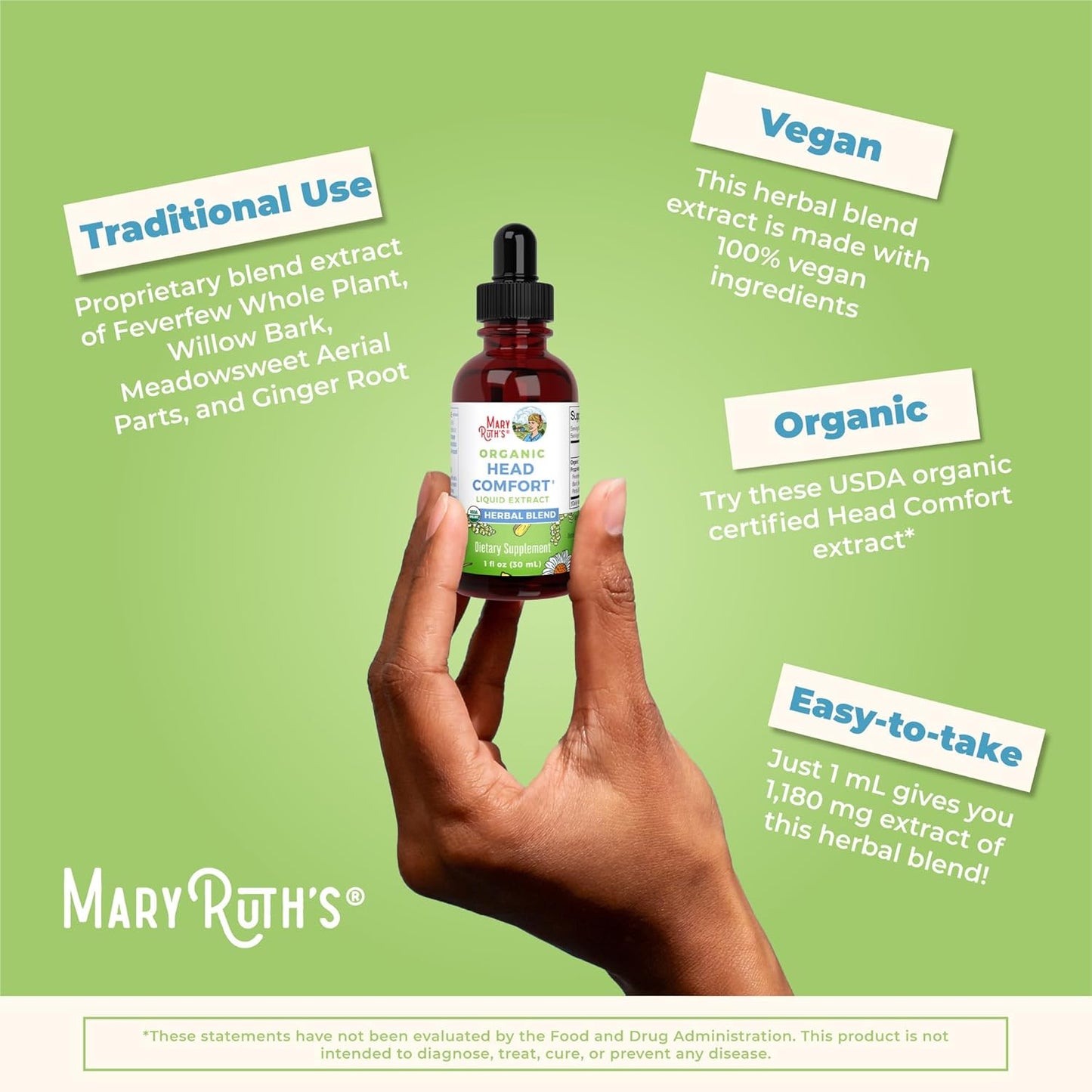 MaryRuth Organics Herbal Blend Liquid Extract for Head Comfort | USDA Organic | Ginger Root, Willow Bark, Feverfew, Meadowsweet | Non-GMO, Vegan, Gluten Free | 1 Fl Oz
