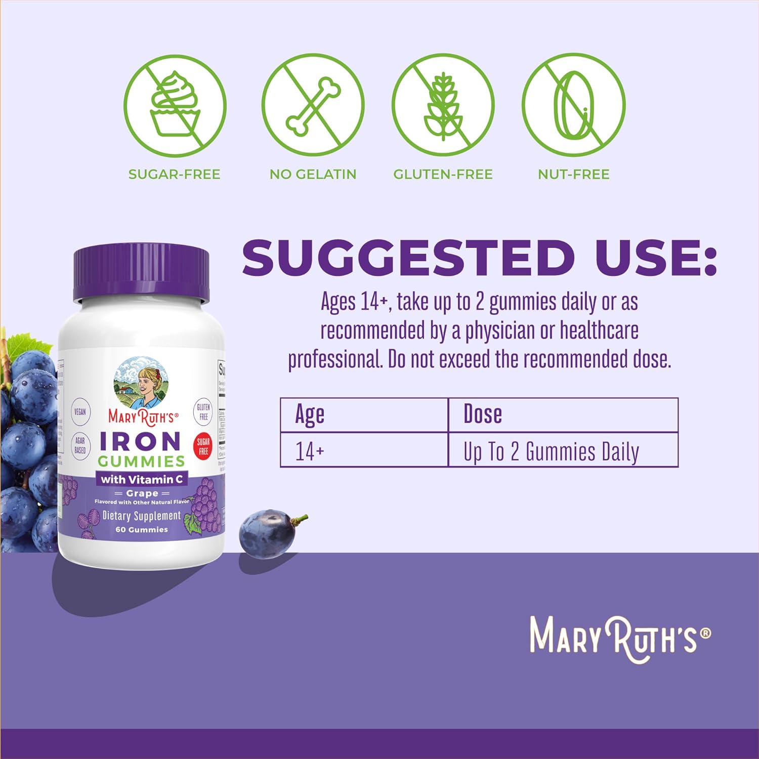 MaryRuth Organics Iron Gummy Supplements for Adults - 60 Count | Vegan Iron Supplement with Vitamin C for Immune Support | Sugar-Free Iron Deficiency Solution