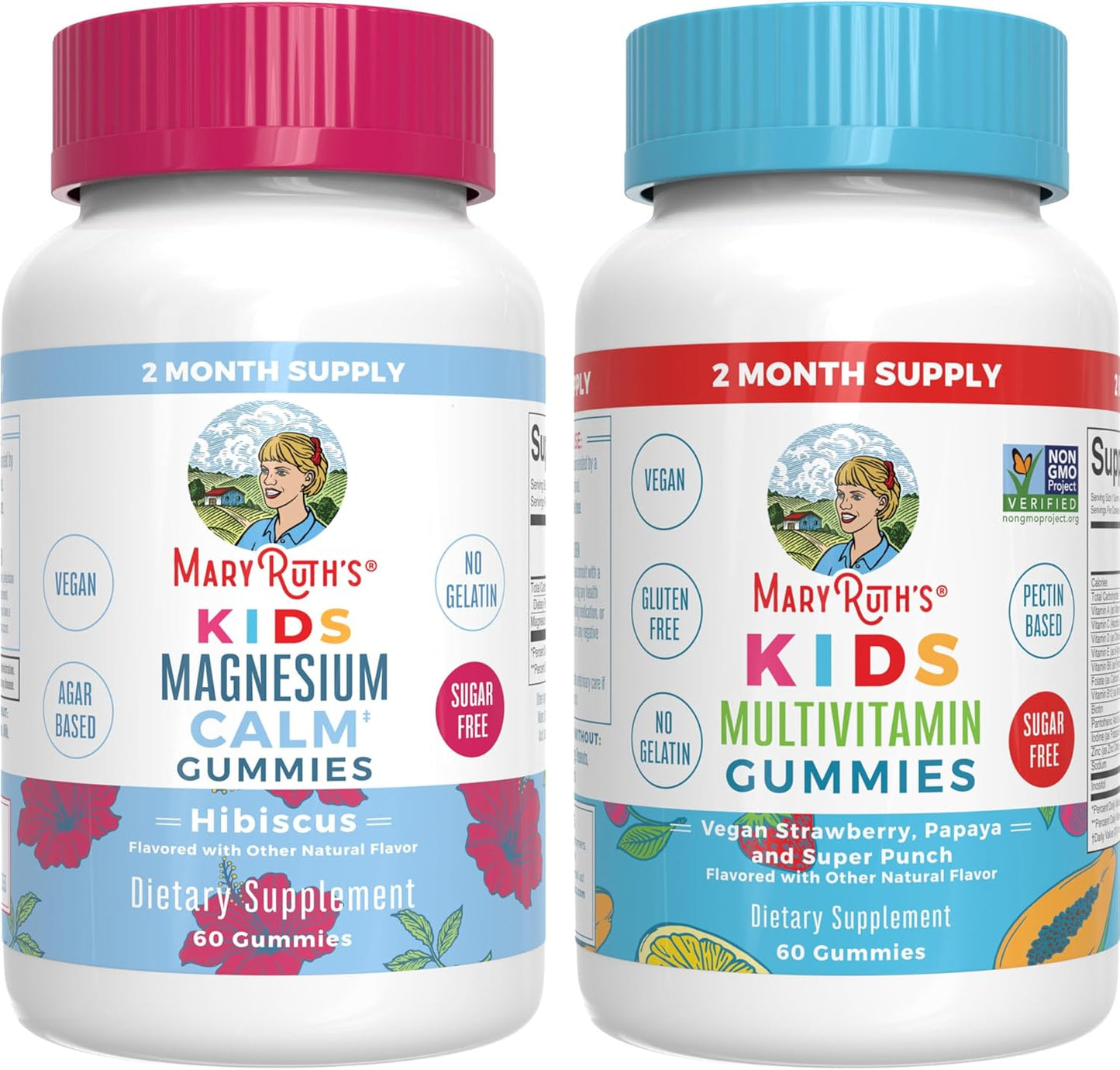 MaryRuth Organics Kids Multivitamin Gummies (Strawberry) and Magnesium Calm Gummies (Hibiscus) | Clean Label Project Verified® | Vegan, Non-GMO, Gluten Free | Promotes Wellness and Sleep