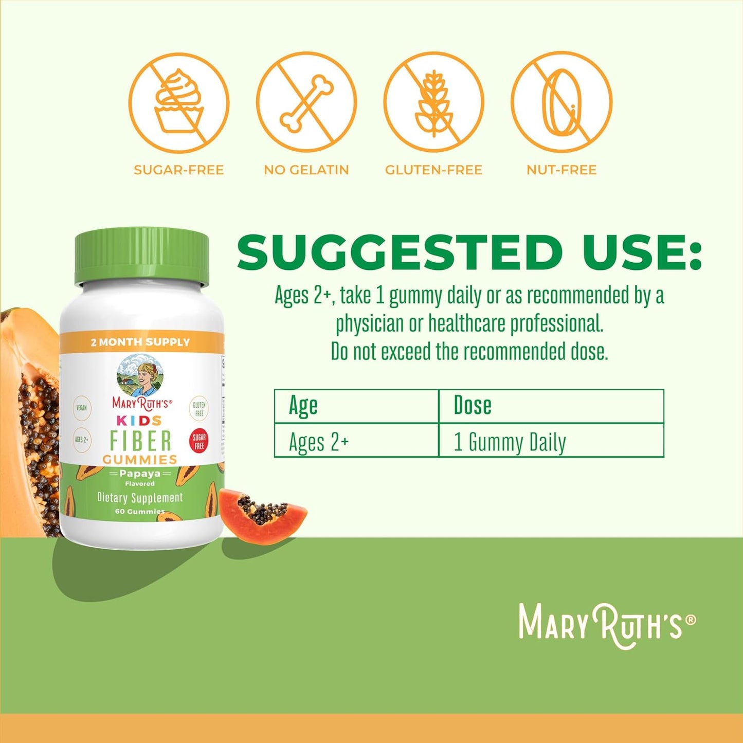 MaryRuth Organics Kids Prebiotic Gummy Supplement - 2 Month Supply, Sugar Free, Gut Health & Digestion Support, 3g Fiber, 60 Count