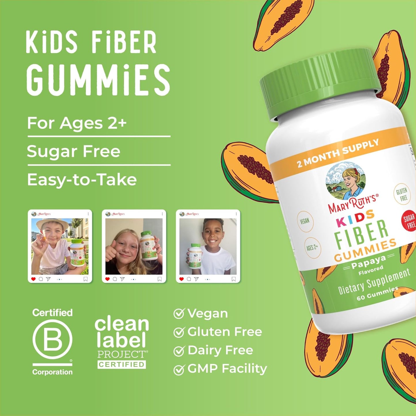 MaryRuth Organics Kids Prebiotic Gummy Supplement - 2 Month Supply, Sugar Free, Gut Health & Digestion Support, 3g Fiber, 60 Count