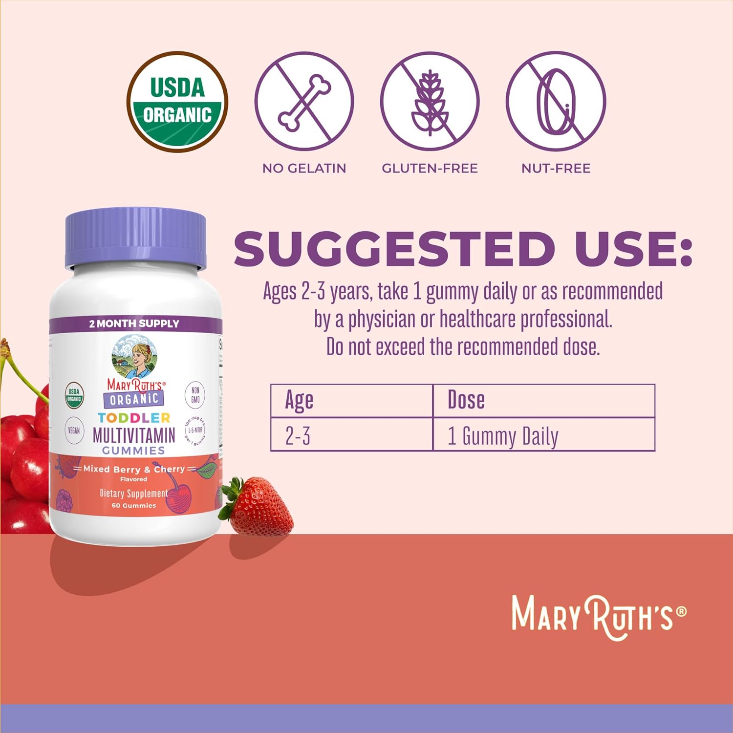 MaryRuth Organics Kids' USDA Vitamin Gummy with C, D3, and Zinc - Mixed Berry & Cherry Flavor - 2 Month Supply